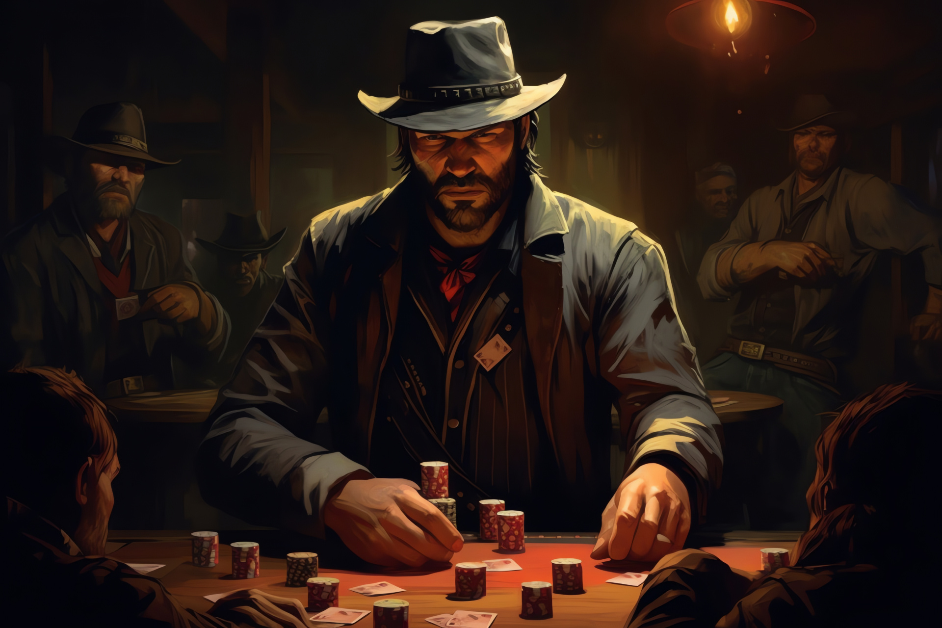 Arthur Morgan cowboy, Old West outlaw, Classic American game, Traditional card play, Western tavern scene, HD Desktop Wallpaper