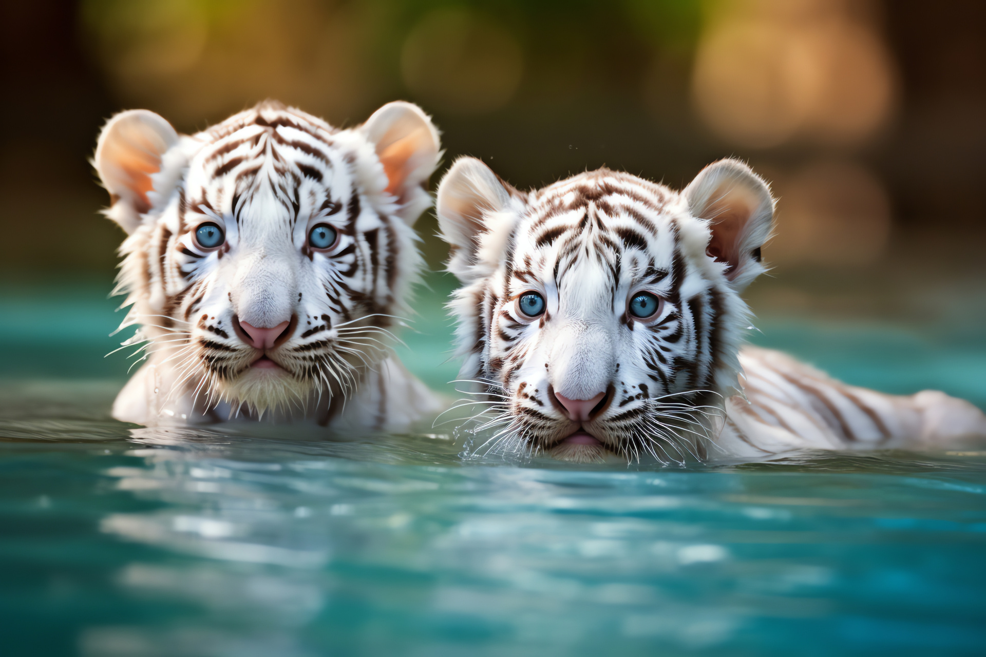 Juvenile White Tigers, playful siblings, tropical oasis, feline beauty, natural clarity, HD Desktop Wallpaper