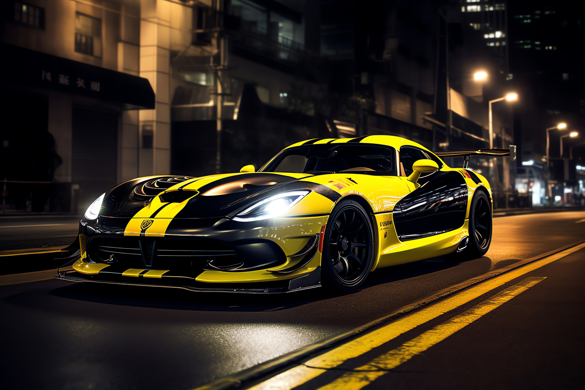 SRT Viper GTS-R, Japanese night, High-performance drive, Urban exploration, Iconic landmark, HD Desktop Image