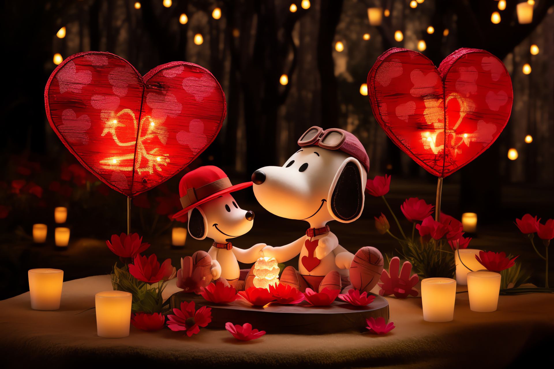 Enchanted Valentine's setting, Fairytale forest festivity, Heart-shaped illumination, Romantic woodland crown, Festive companion animals, HD Desktop Wallpaper