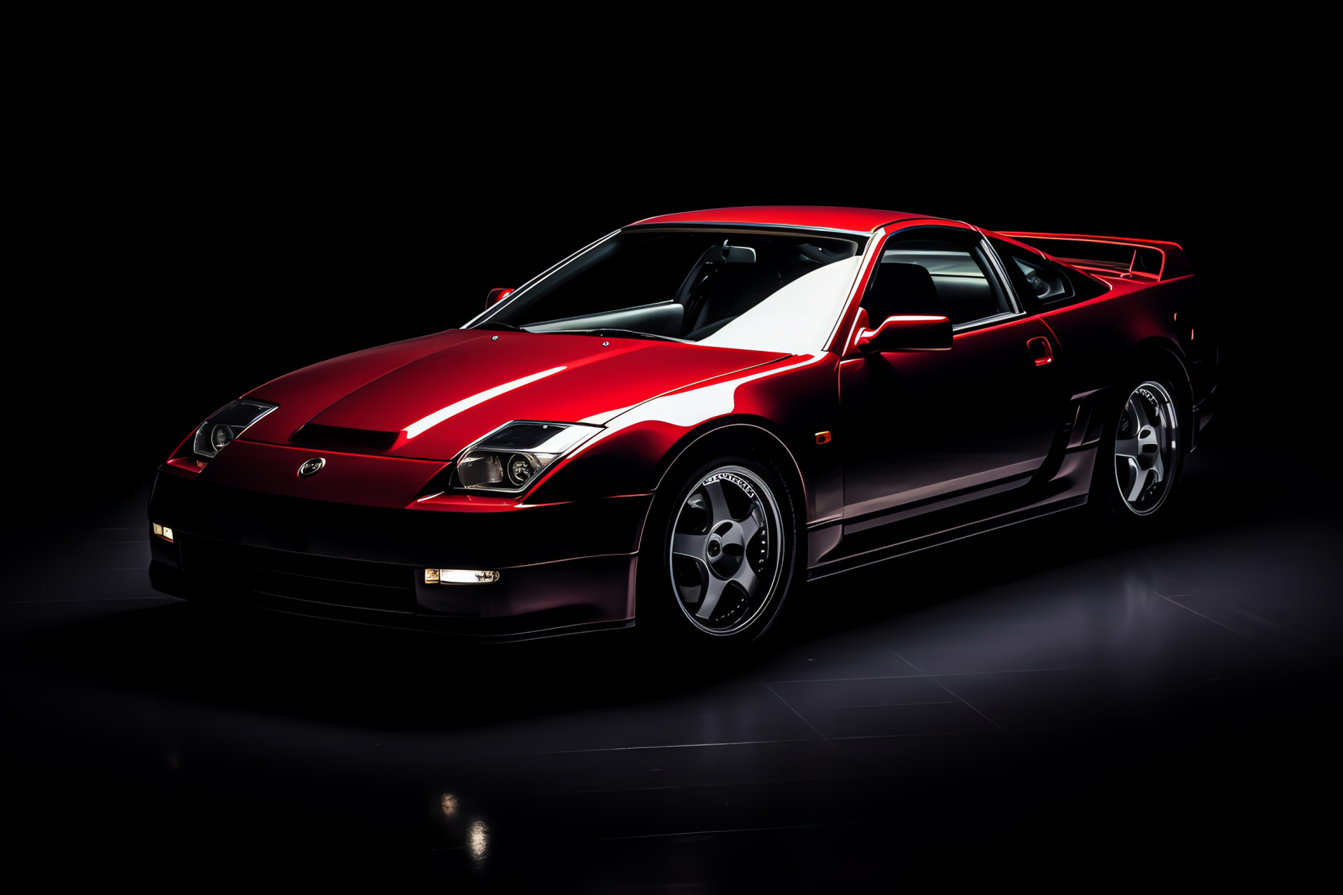 Nissan 300ZX model, Elevated view, Pure black surrounding, Crimson sports vehicle, Dramatic presentation, HD Desktop Wallpaper