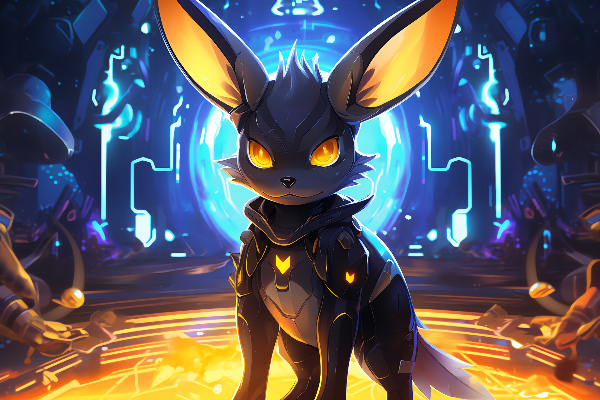 Umbreon in setting, Game world ambiance, Science fiction environment, Glowing substance, Antiseptic surrounds, HD Desktop Image