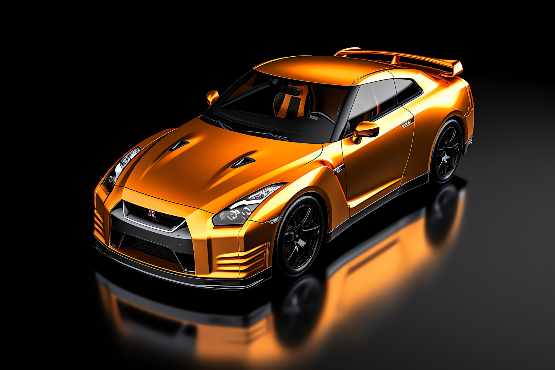 Nissan GTR HD triple-tone theme, Energetic visual setup, Modern car aesthetics, High-angle vehicle showcase, Sports coupe vibrancy, HD Desktop Wallpaper