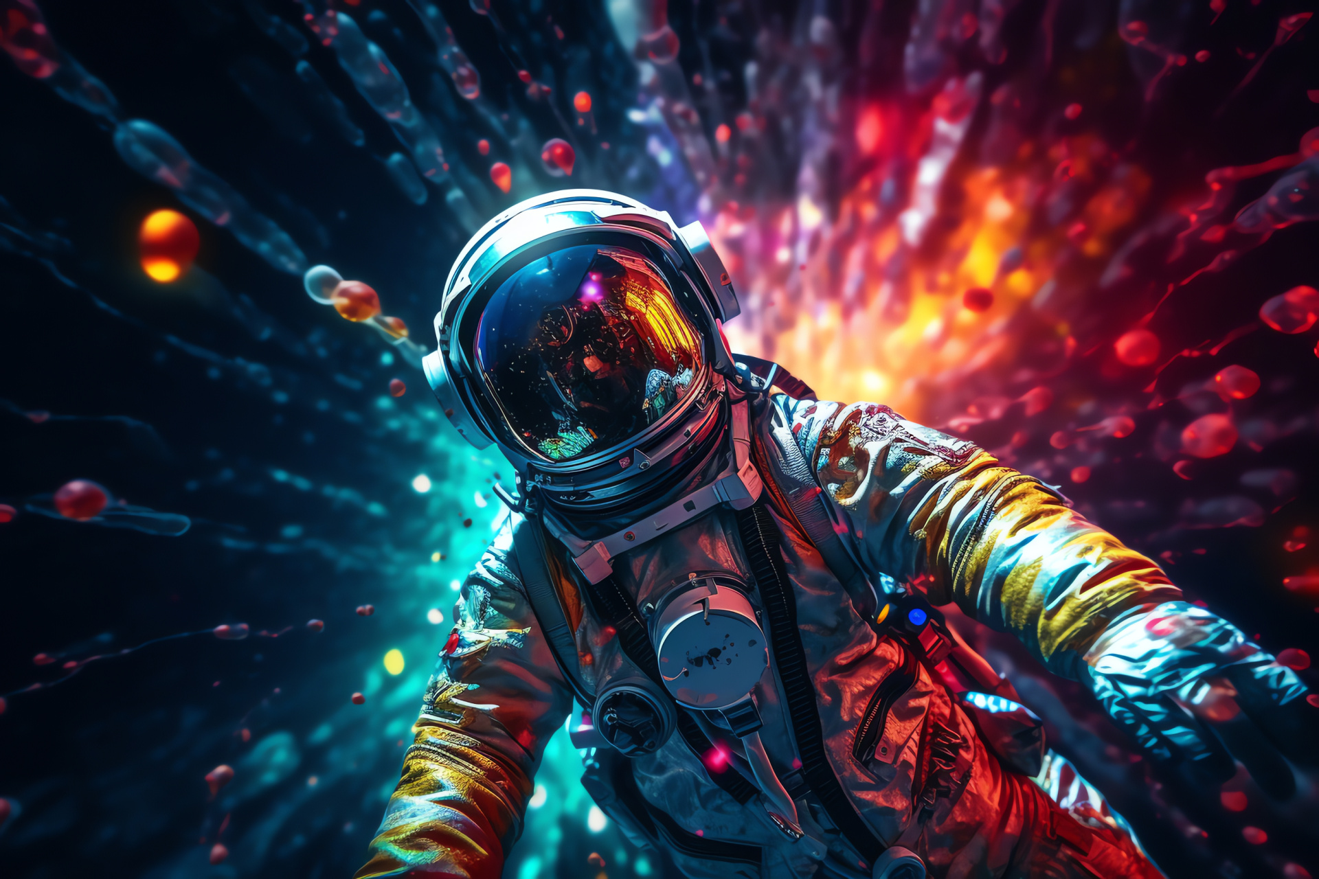 Yuri Gagarin, Cosmonaut in space, Zero gravity, Celestial bodies illumination, Neon hues, HD Desktop Image