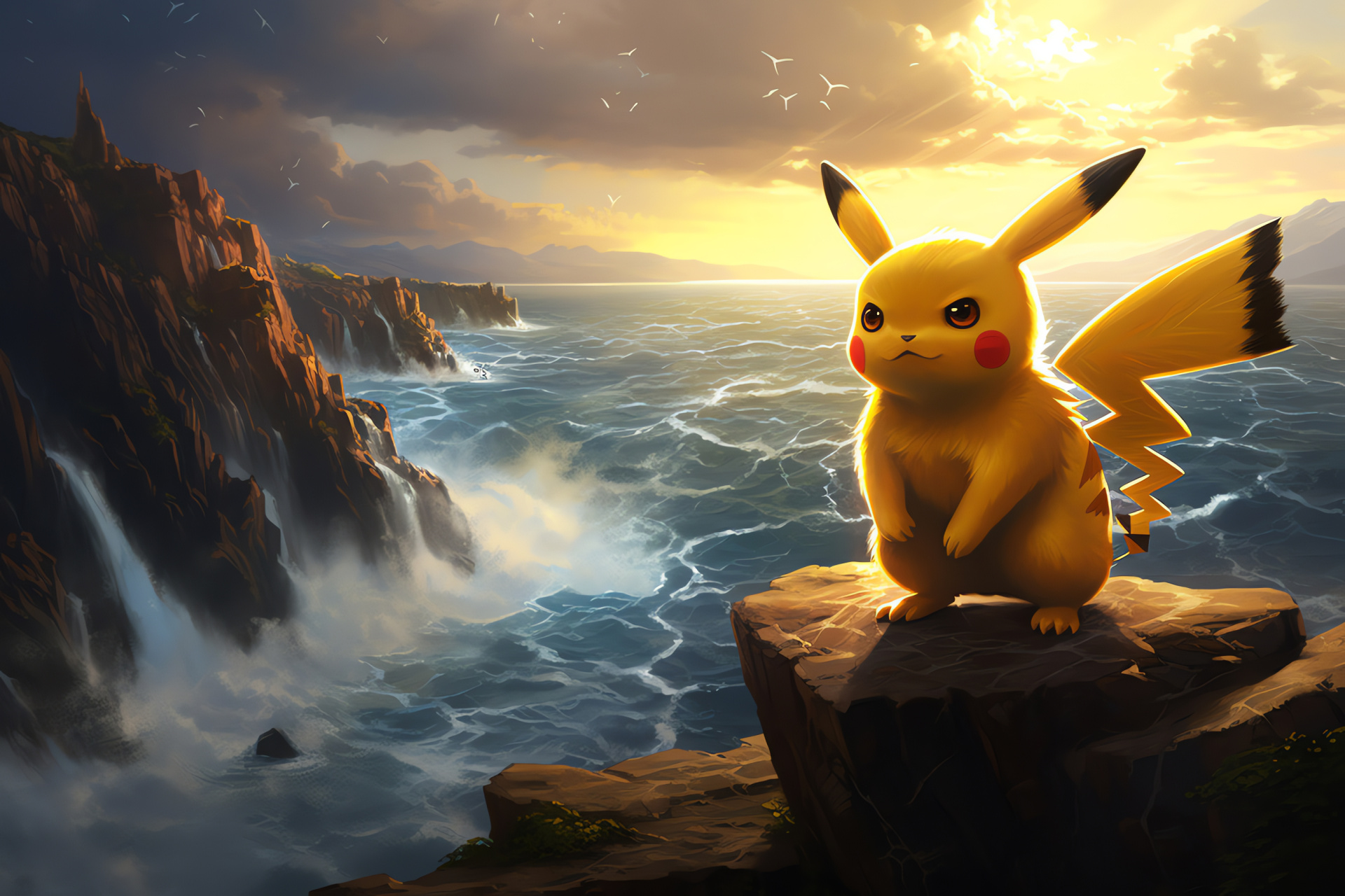 Pikachu, Pokmon Spark, Cliffside setting, Ocean background, Electric discharge display, HD Desktop Wallpaper