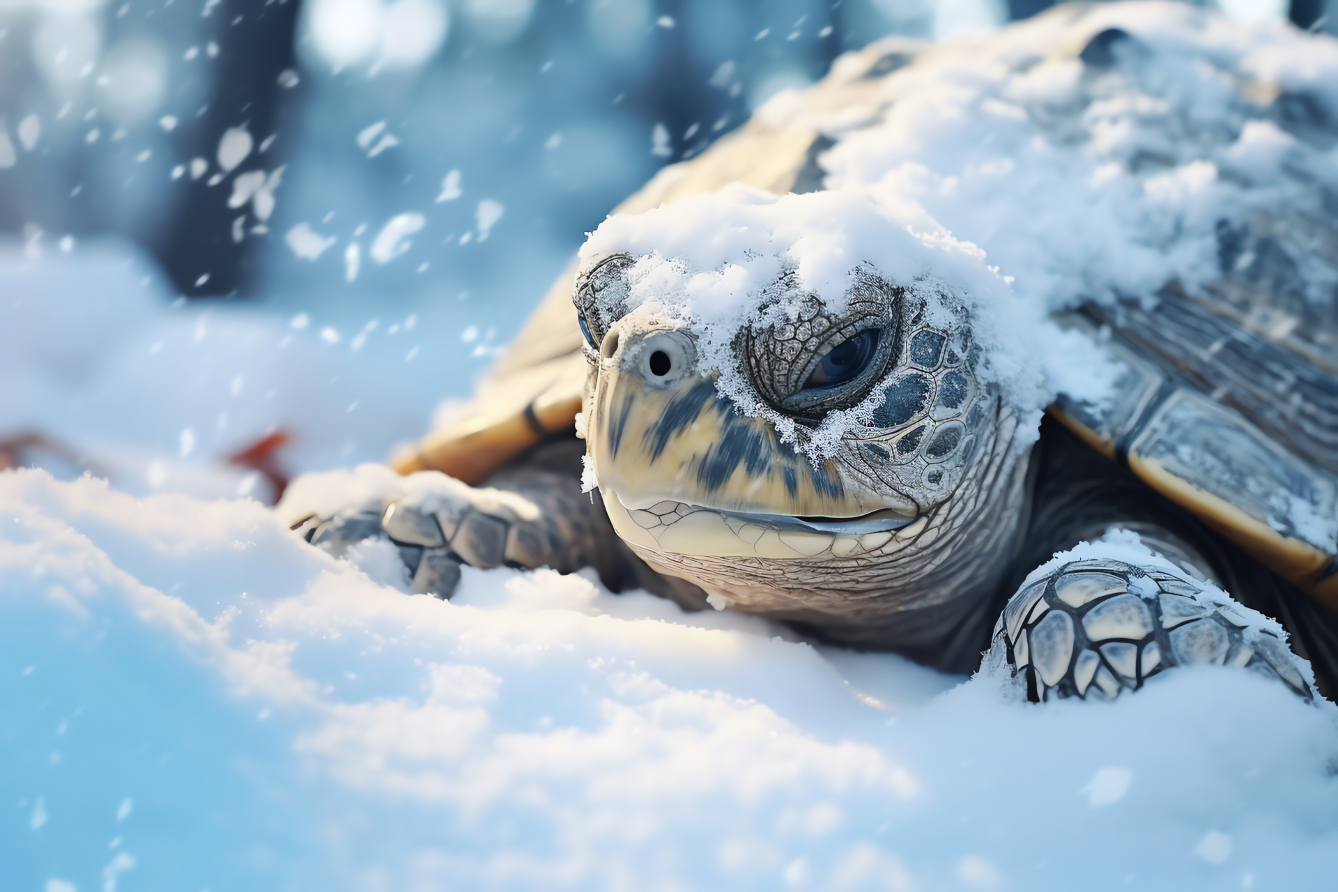 Reclusive reptile, frosted carapace, glacial optics, icy waters, delicate crystals, HD Desktop Wallpaper