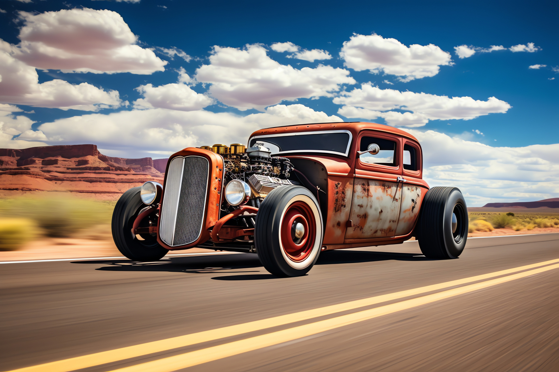 Classic Rat Rod, Historic Route 66, Distressed red exterior, Retro style tires, American road iconography, HD Desktop Image