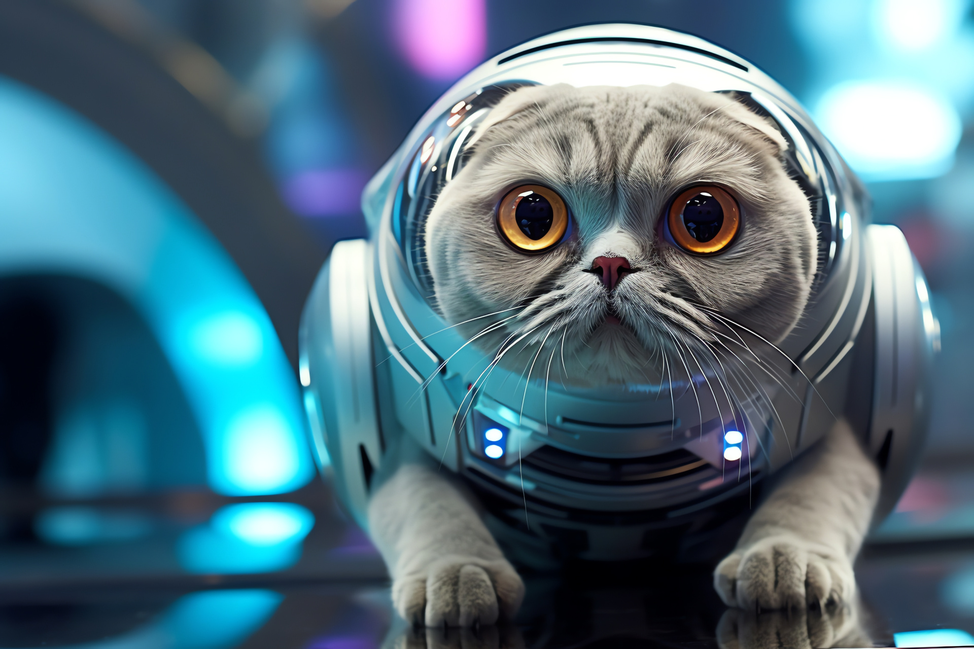 Space Cat Scottish Fold, Feline with aquamarine vision, Cosmic researcher's pet, Science-themed cat, Space lab resident feline, HD Desktop Image