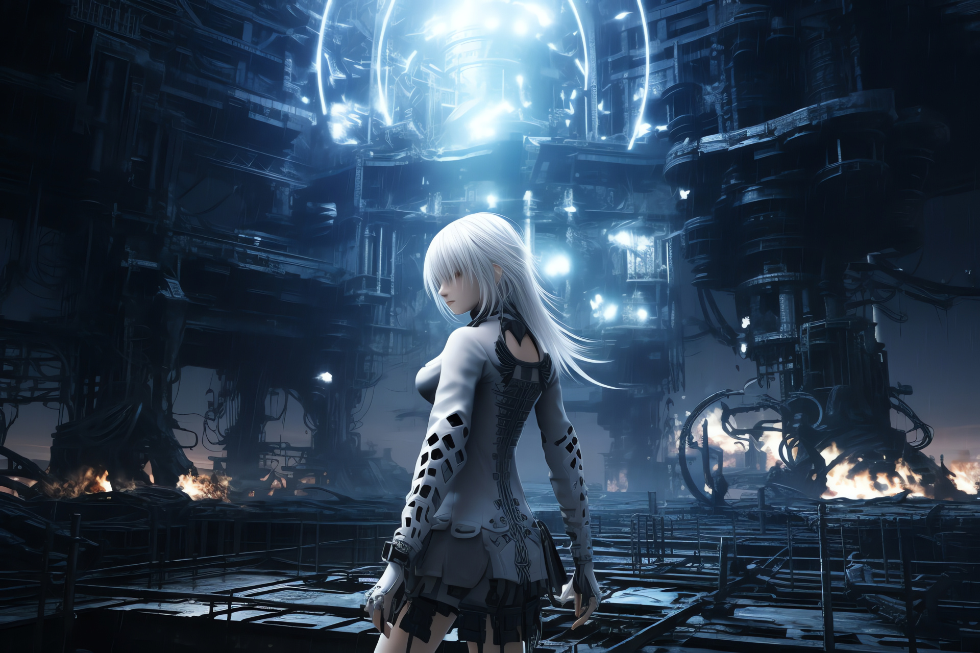 Grimoire Weiss figure, mechanized production environment, mystical halo effect, ancient script symbols, Nier RPG component, HD Desktop Wallpaper