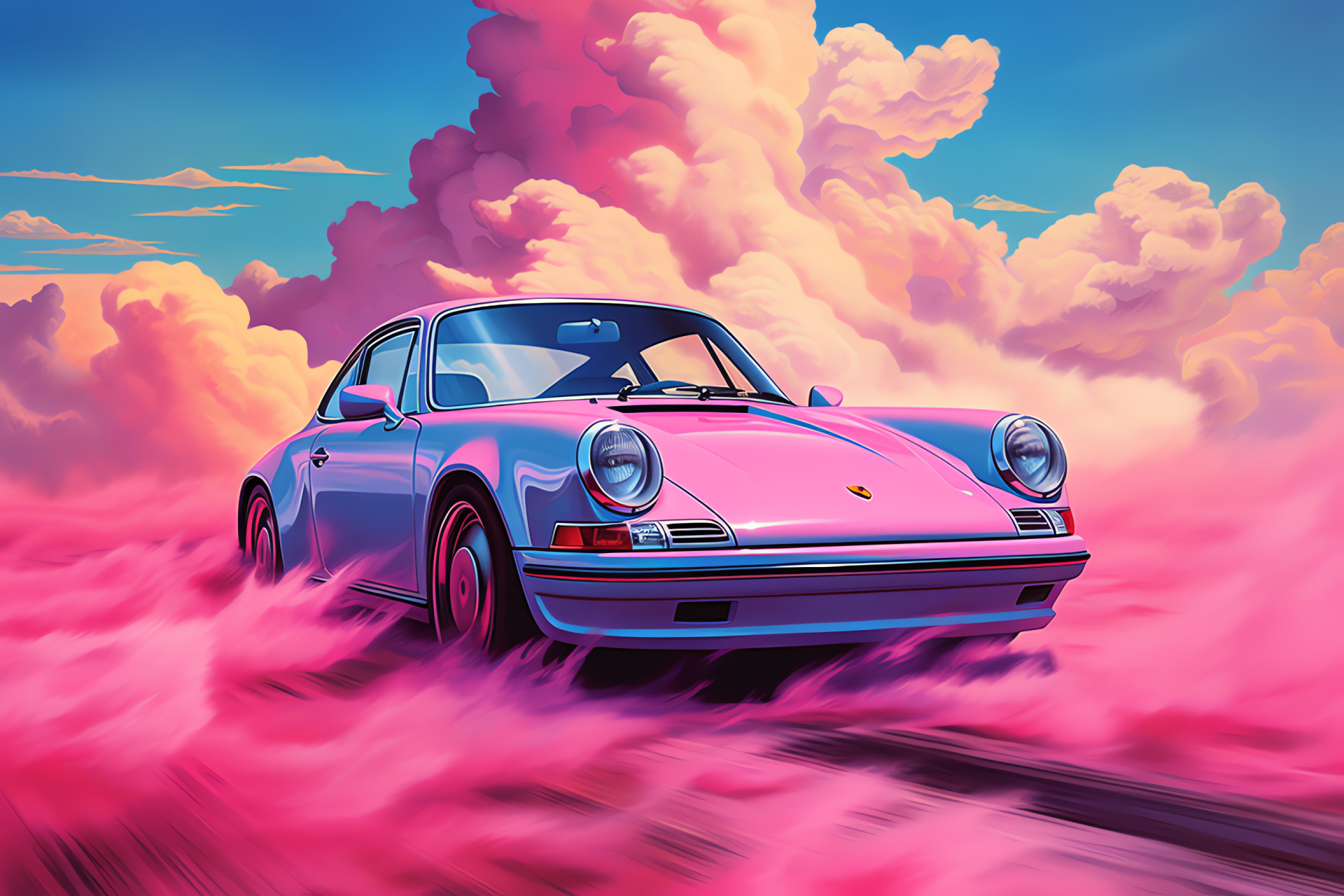 Porsche 911, fantasy setting, ethereal cloud beds, otherworldly ambiance, aspirational clarity, HD Desktop Wallpaper