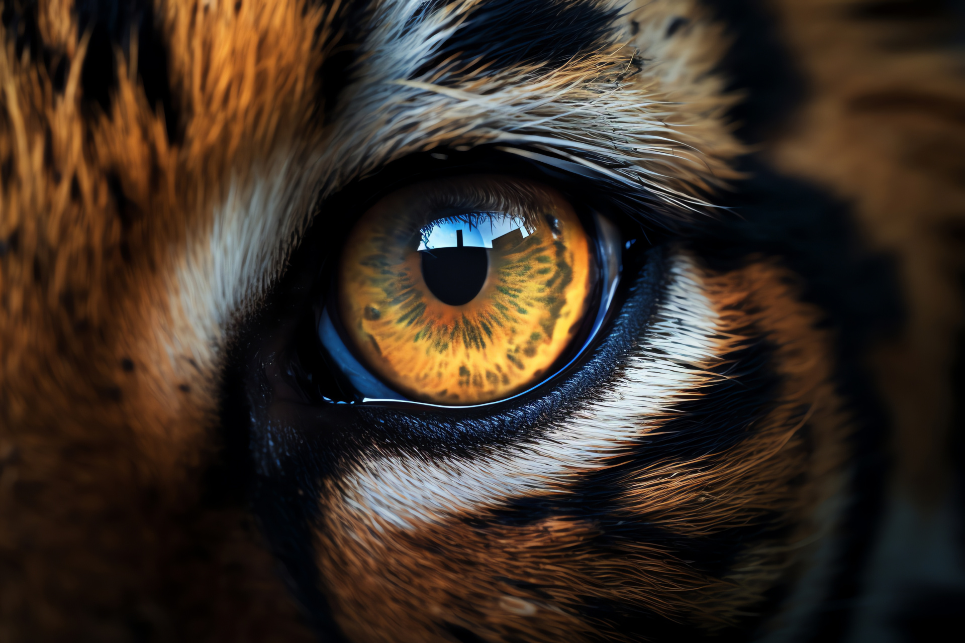 Captivating tiger stare, intense amber eyes, embodiment of wisdom, enigmatic feline, mysterious glance, HD Desktop Wallpaper