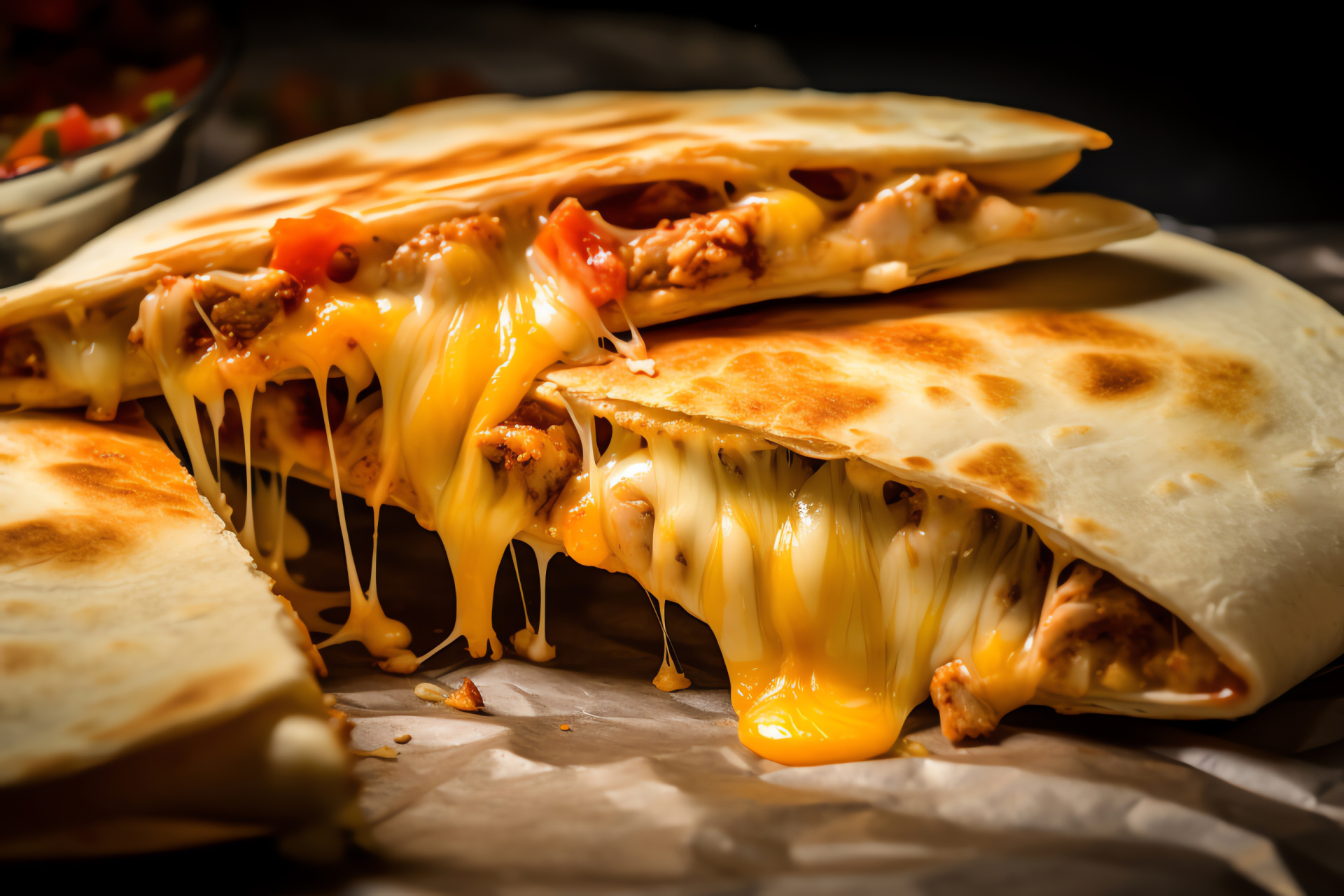 Taco Bell fast food, savory quesadillas, dairy delight, culinary composition, detailed image, HD Desktop Wallpaper