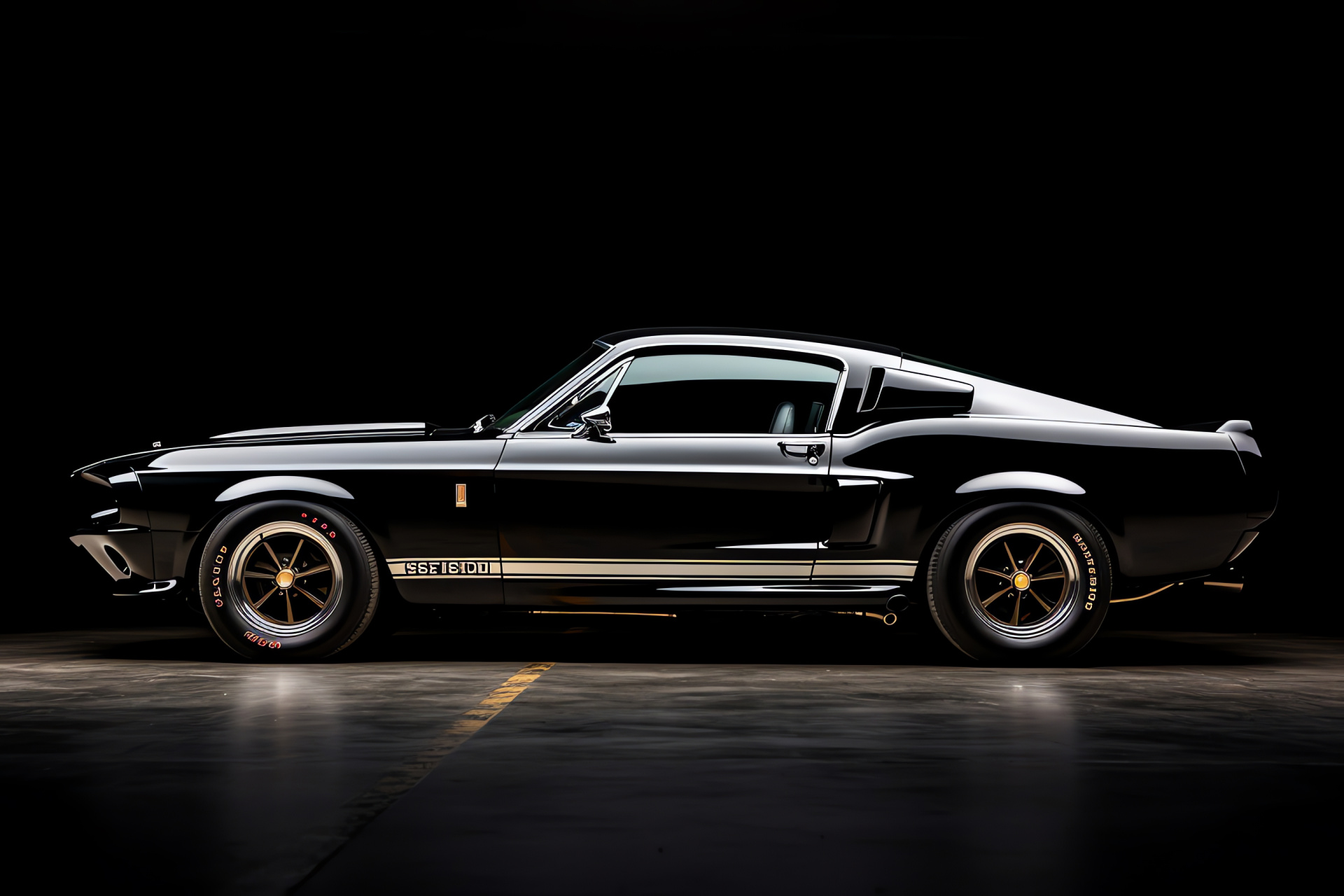 Shelby Mustang GT500, classic 1969 model, side angle showcase, black elegance, silver trim detailing, HD Desktop Image