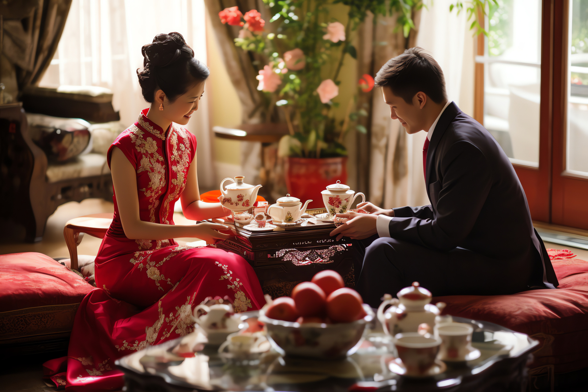 Oriental nuptials, Ritualistic tea, Homestead spot, Red adornment, Nuptial tradition, HD Desktop Image