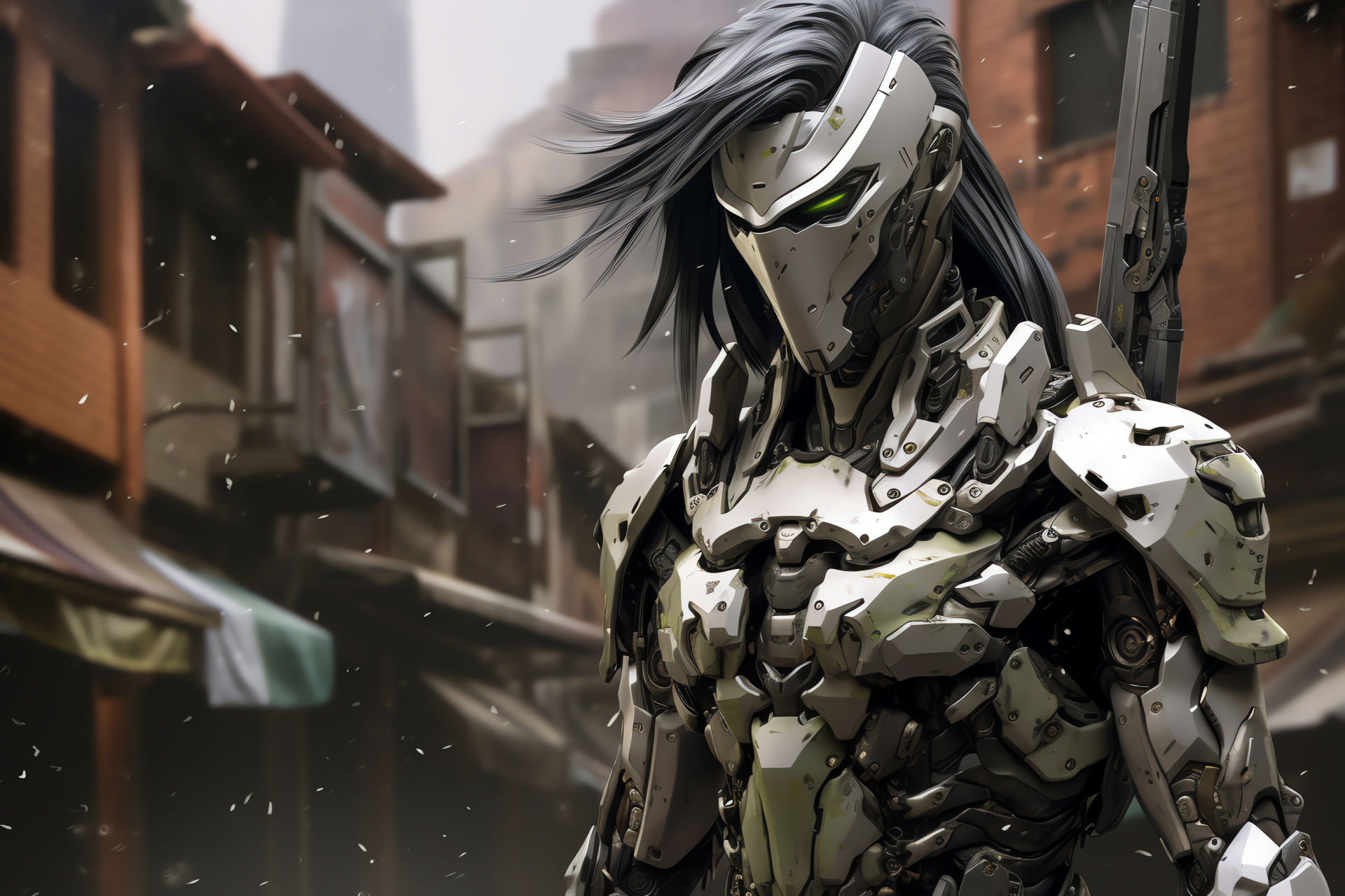 Overwatch Genji, Cyber-enhanced warrior, Sharp gaze of a ninja, Futuristic blade weapon, Destruction-themed environment, HD Desktop Wallpaper