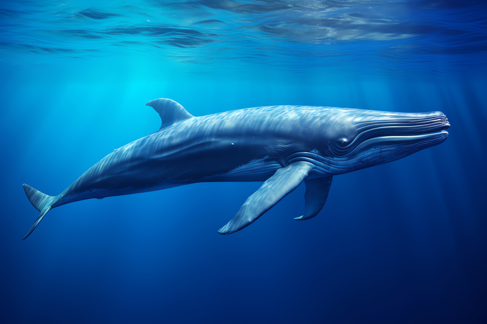 Majestic Blue Whale, Graceful marine mammal, Deep aquatic blue environment, Largest animal embodiment, Oceanic creature appeal, HD Desktop Image