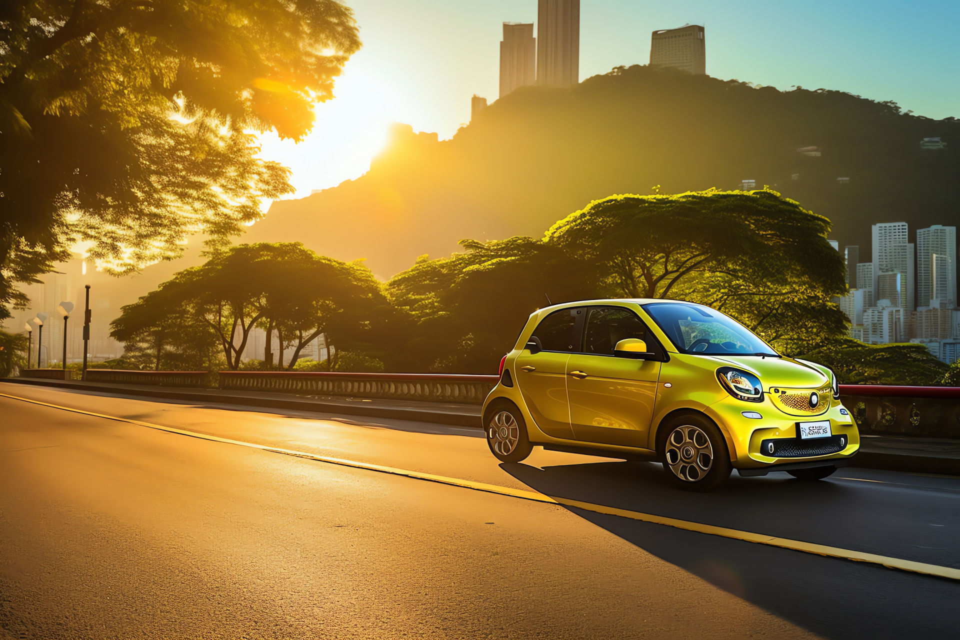 Bright Smart Car Rio, ForFour model, Christ the Redeemer proximity, Copacabana atmosphere, yellow city car, HD Desktop Image