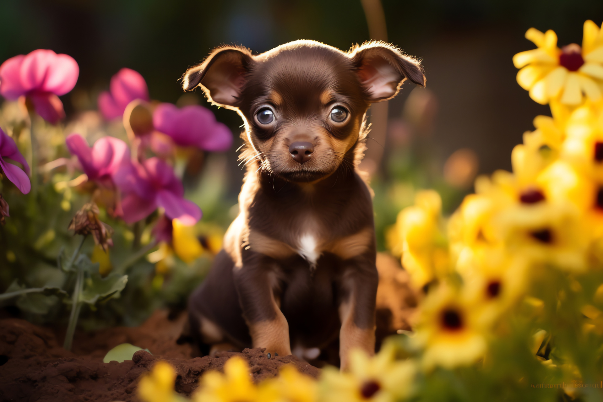 Teacup Chihuahua, petite canine, chocolate brown fur, captivating puppy gaze, delicate stature, HD Desktop Image