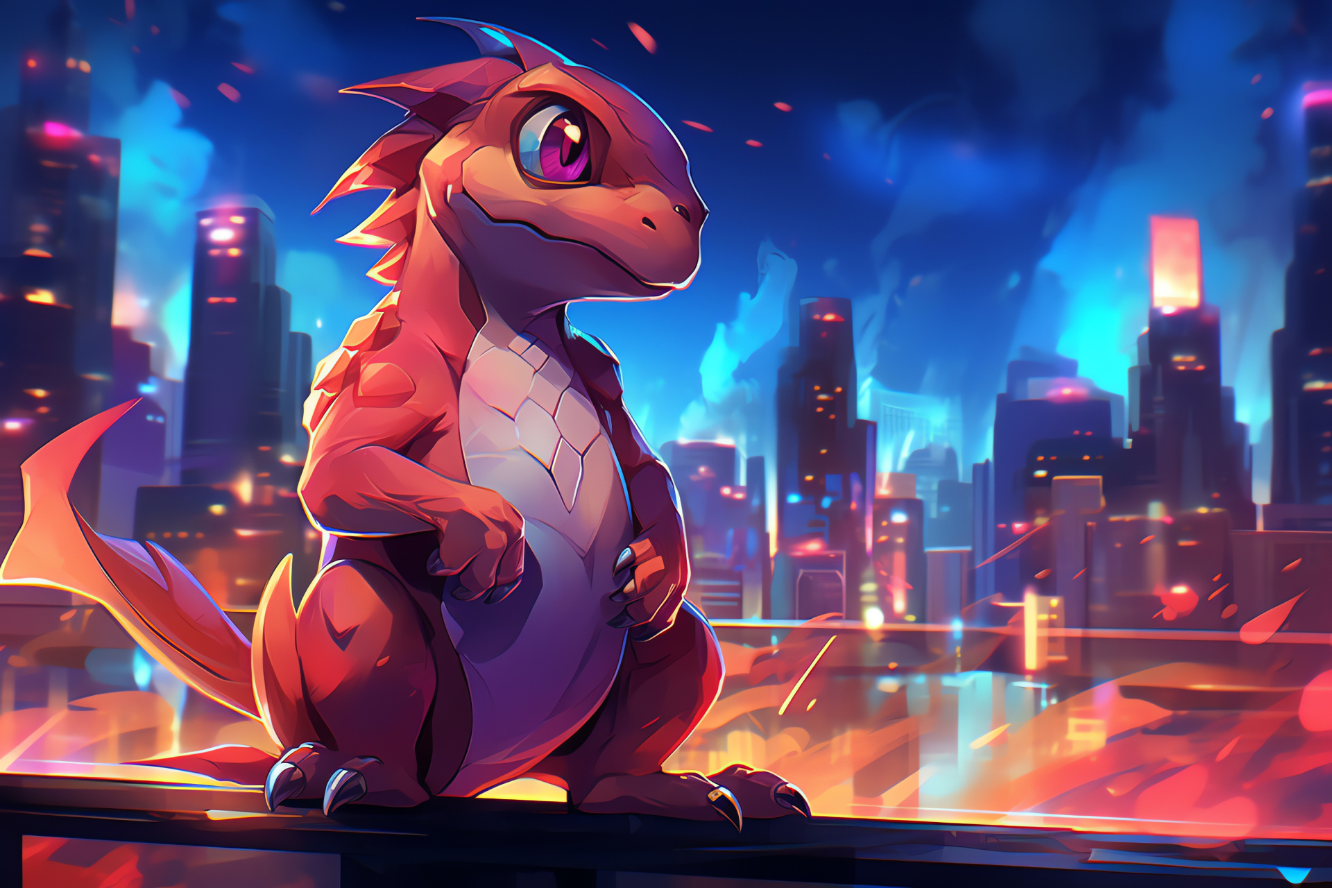 Charmeleon towering buildings, city neon vibrancy, Pokemon scenic view, colorful urban skyline, rooftop perch, HD Desktop Wallpaper