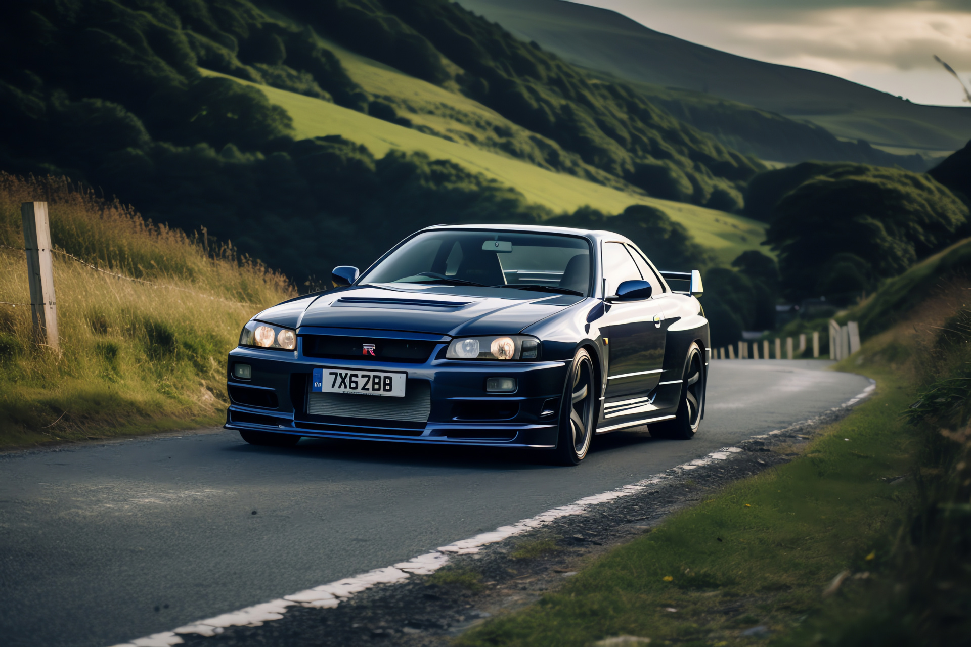 Nissan Skyline GTR R33, Road carving prowess, Quadruple lighting, Serpentine asphalt test, Iconic badging, HD Desktop Image