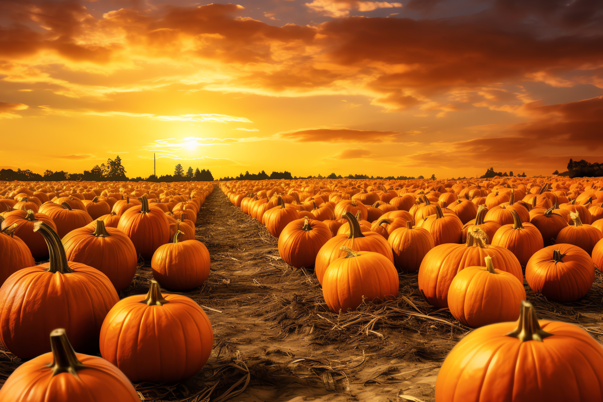 Pumpkin farm evening, Harvest sunset vista, Countryside pumpkin rows, Twilight hues, Agricultural beauty, HD Desktop Image