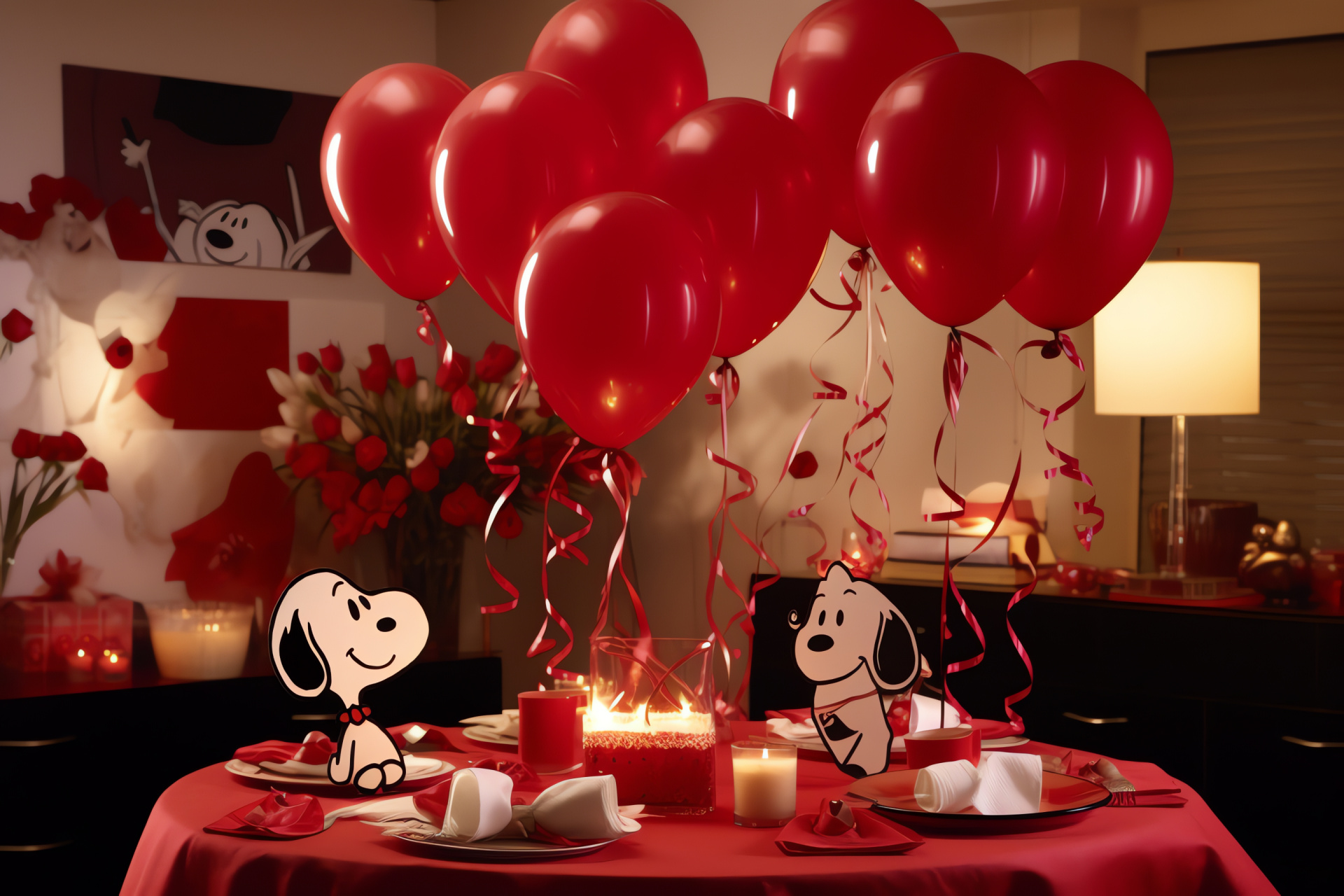 Heartwarming February 14th setup, Snoopy romance, Affectionate decorations, Intimate ambiance, Sincere celebration, HD Desktop Wallpaper