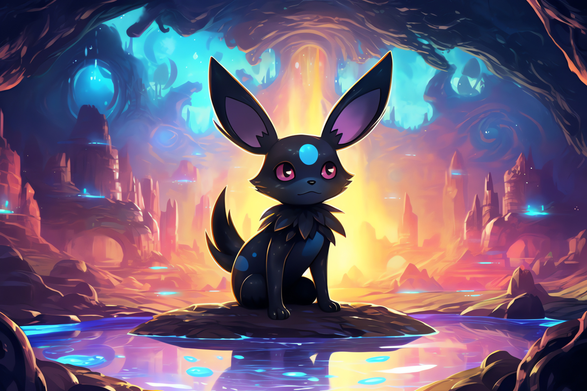 Cosmic Umbreon, Alternate dimensional space, Levitating landmasses, Rich color spectrum, Phantasmagoric scenery, HD Desktop Image