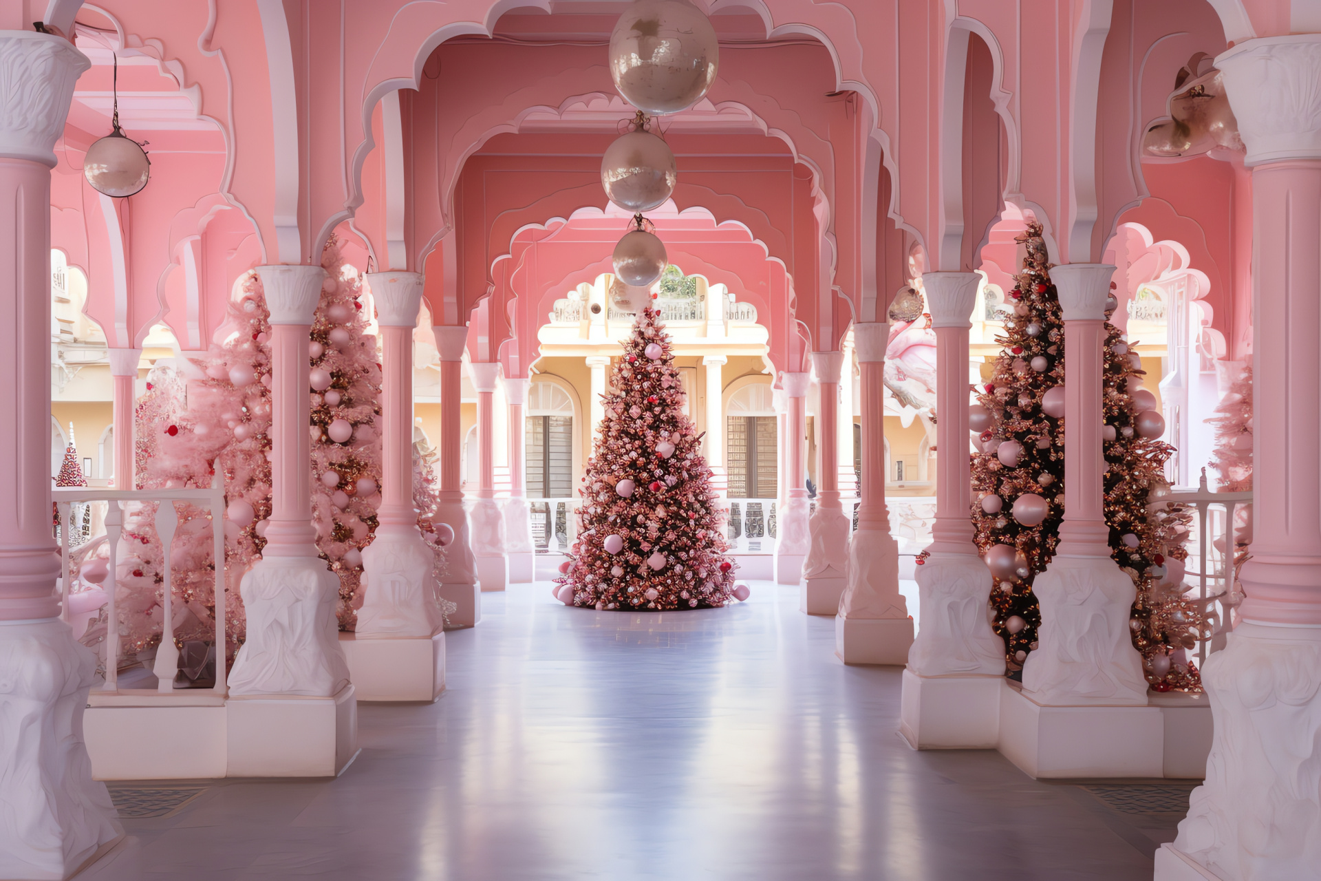 Pink Christmas in Jaipur, Pink Palace Hotel festooned, Sparkling Christmas elegance, Aromatic holiday spices, Exotic celebration, HD Desktop Wallpaper