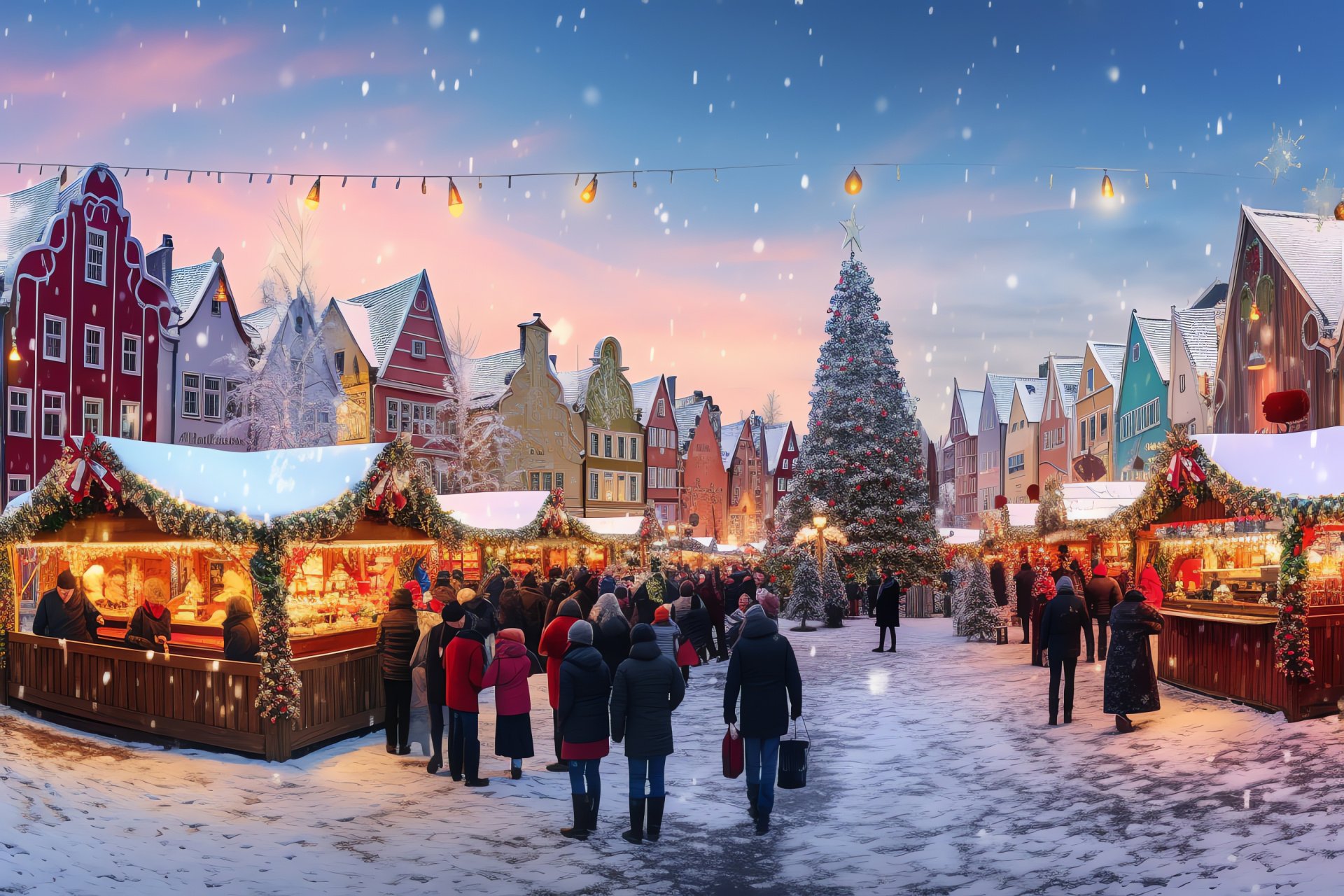 Christmas village, quaint houses, illumination, Noel adornments, Yule market, HD Desktop Wallpaper