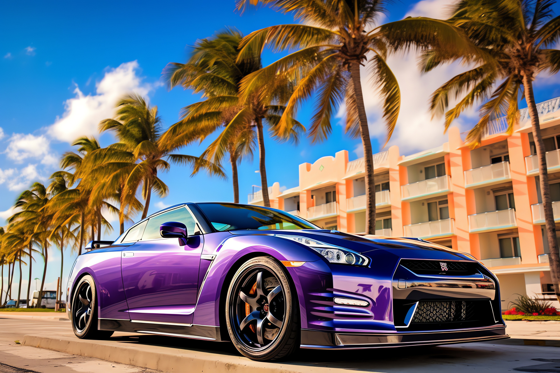 Nissan GTR HD, Miami's Ocean Drive, Medium exterior shot, Art Deco district, Beachfront automotive journey, HD Desktop Wallpaper