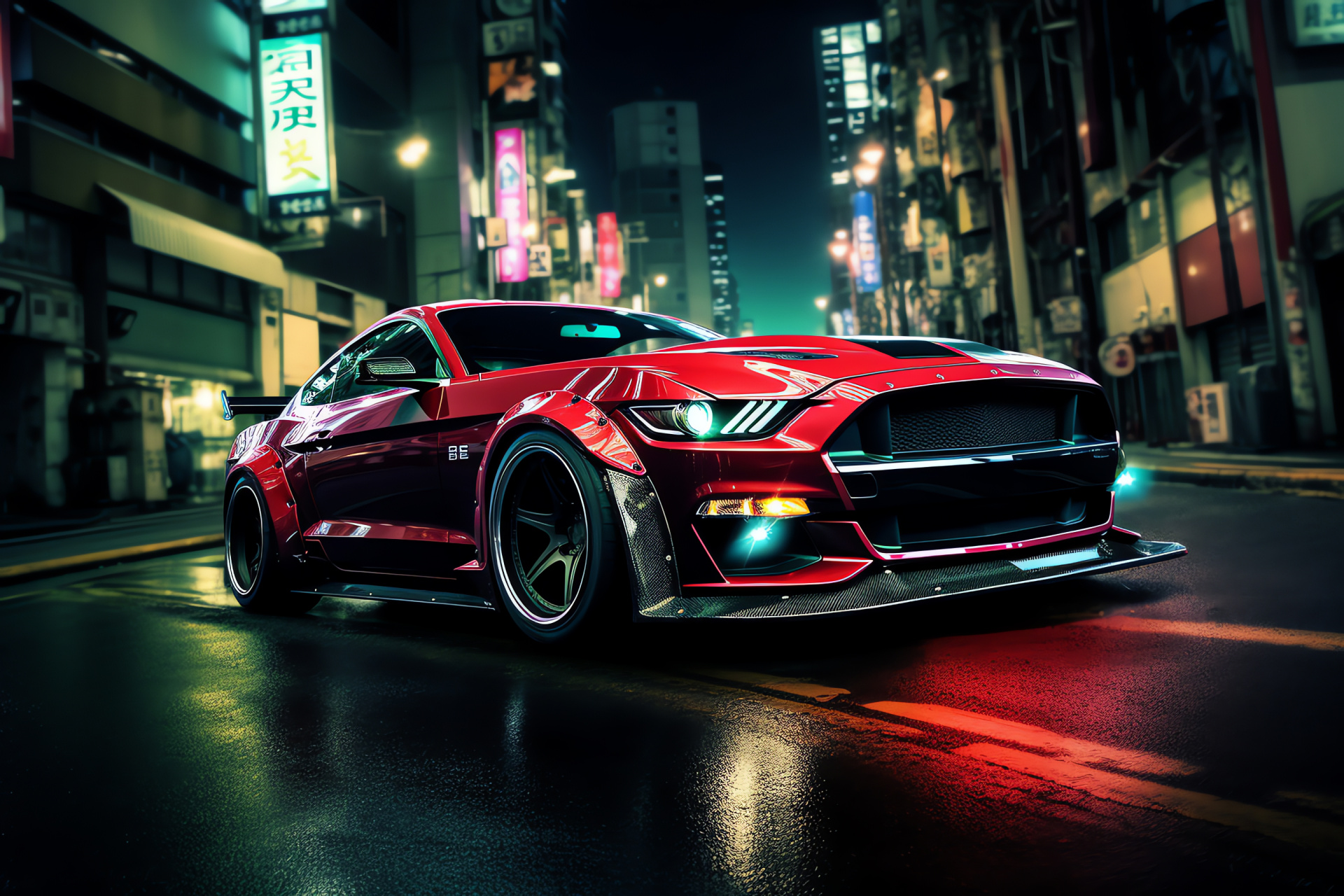 Mustang HD, Tokyo drift, Bright night lights, Urban skyline, Japanese motorsports, HD Desktop Image