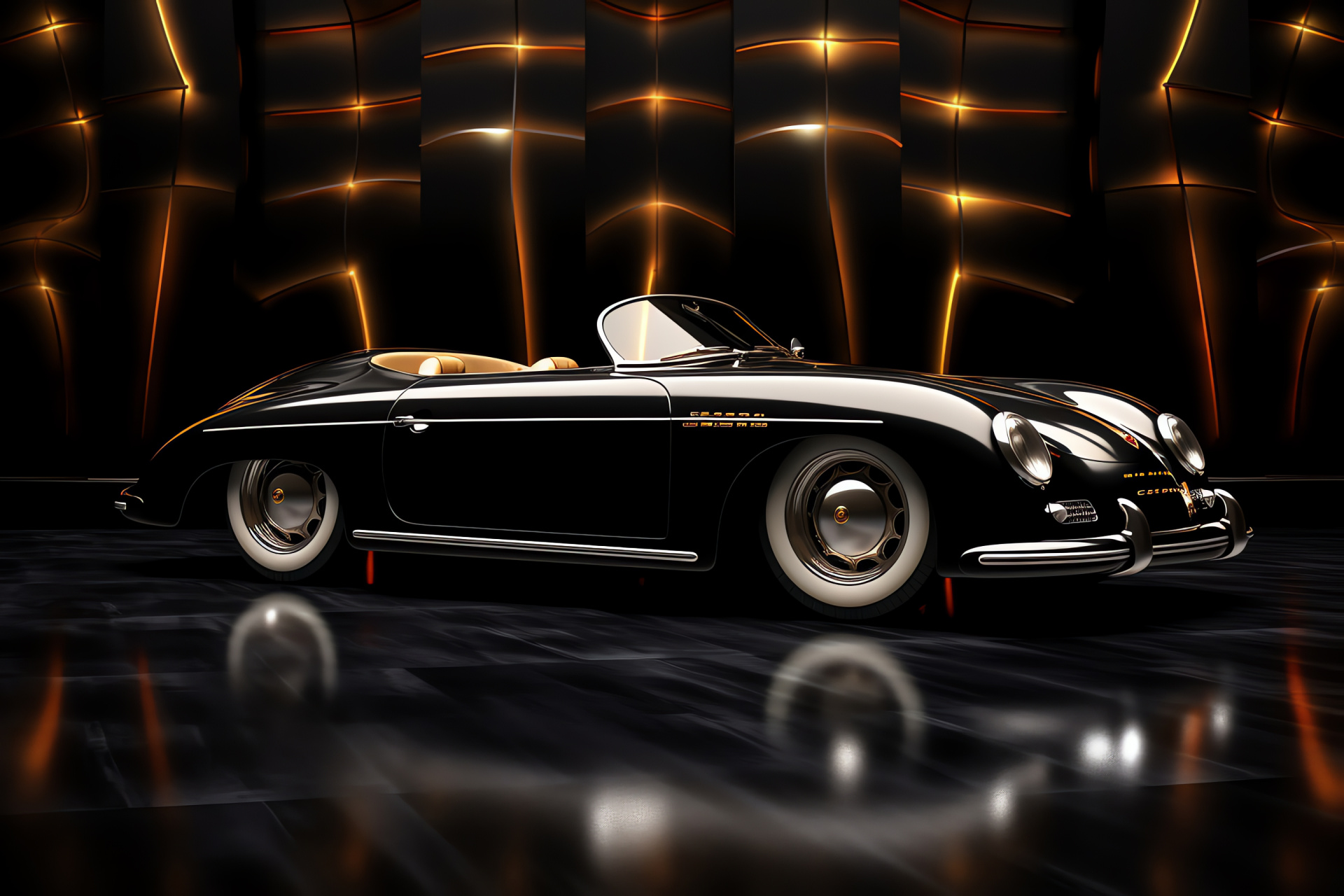 Porsche 356 Speedster classic, Elegant black finish, Vintage sports car, Legendary automotive design, Lighting effect showcase, HD Desktop Wallpaper