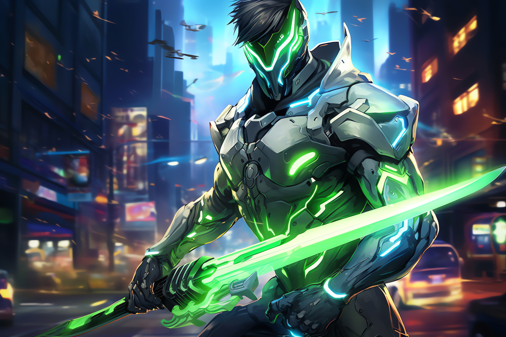 Overwatch Genji, Cybernetic shinobi, Dragonblade weapon, Mid-battle stance, Dynamic gaming character, HD Desktop Image