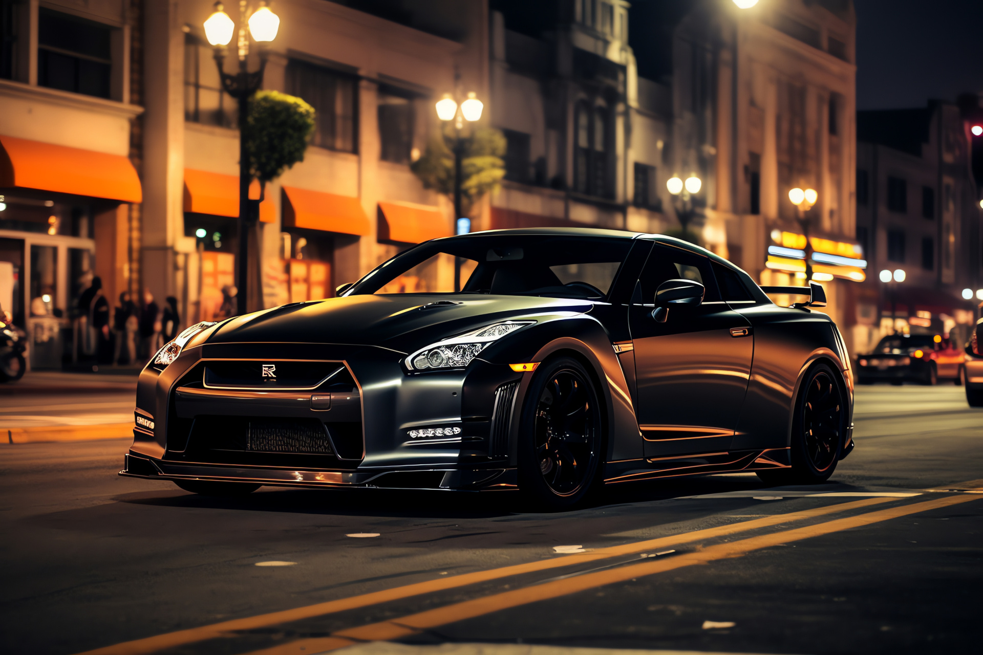 Nissan GTR R35, Black Edition model, Los Angeles city life, Sleek black finish, Advanced lighting technology, HD Desktop Image