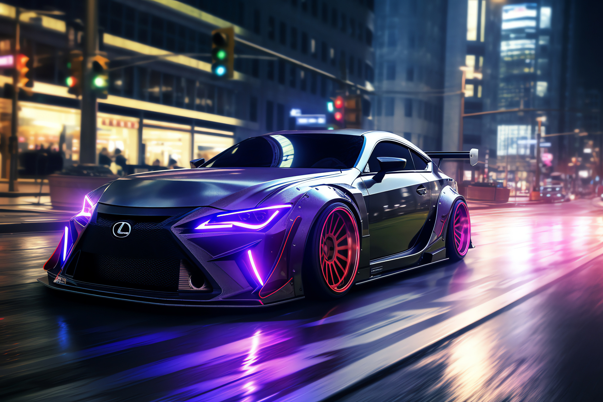 Lexus RC F, High-performance coupe, Urban drift action, Rocket Bunny bodywork, Cityscape speed, HD Desktop Image