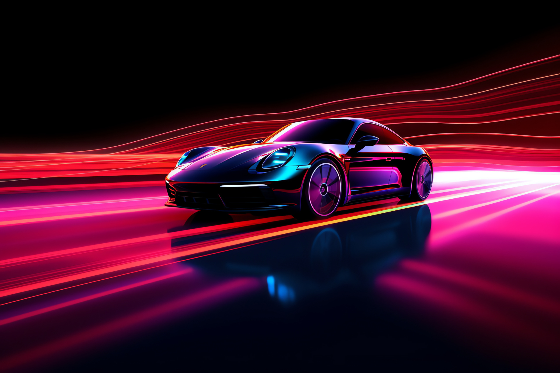 Porsche 911 sleekness, Glowing backdrop design, Overhead auto angle, Aerodynamic car body, Cutting-edge vibe, HD Desktop Image