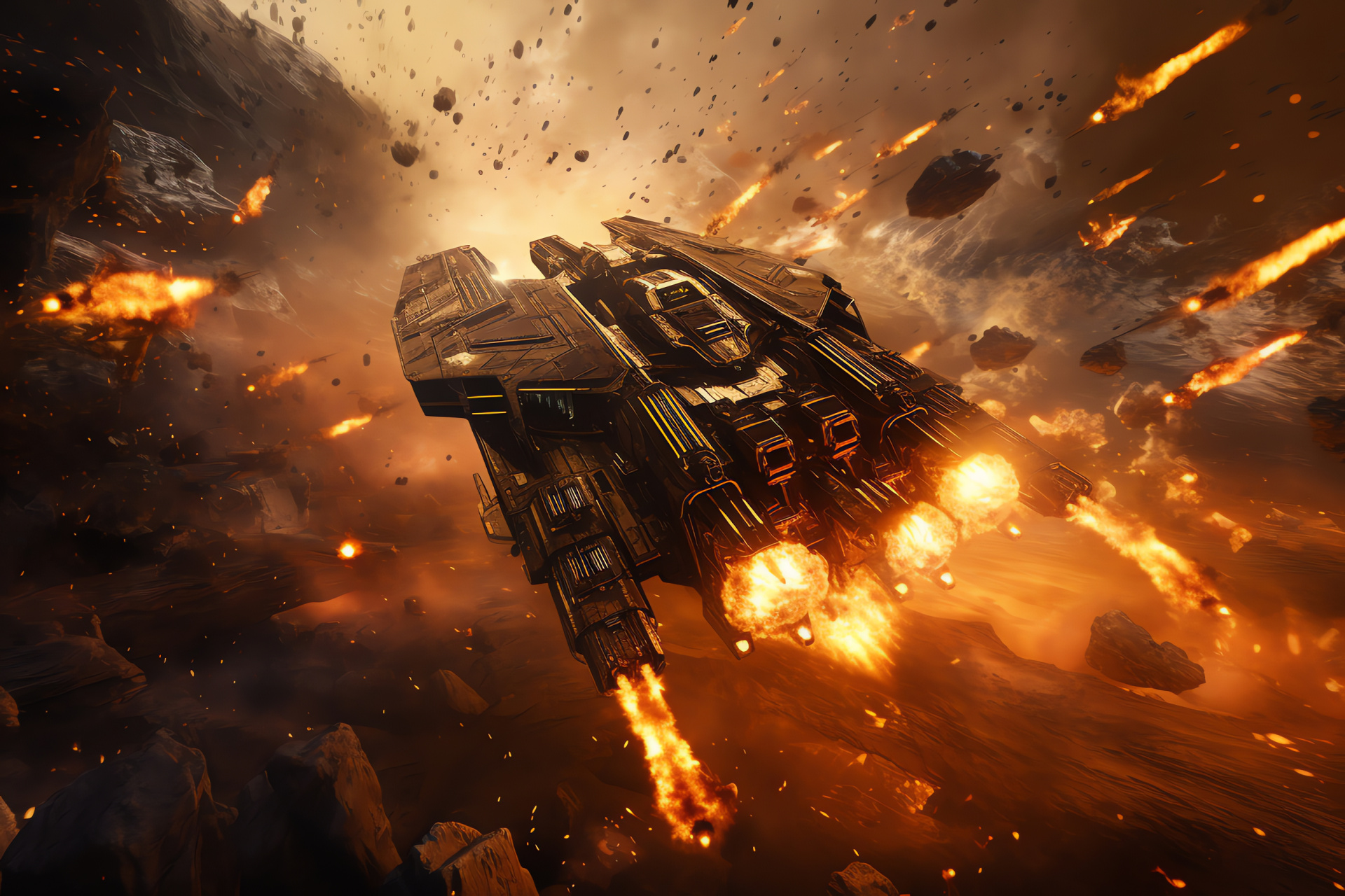 Fierce galactic skirmish, Intense pilot encounter, Spacecraft in combat ascent, Precious metals in warfare, Intergalactic fight for survival, HD Desktop Wallpaper