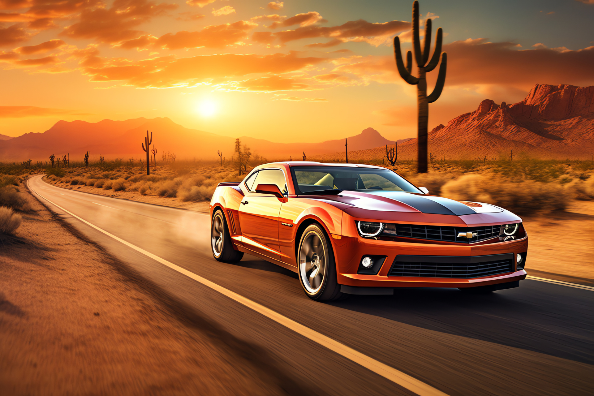 Chevrolet Camaro SS, Historic Route 66, Desert expanse serenity, Sunset driving experience, Road trip dreams, HD Desktop Wallpaper