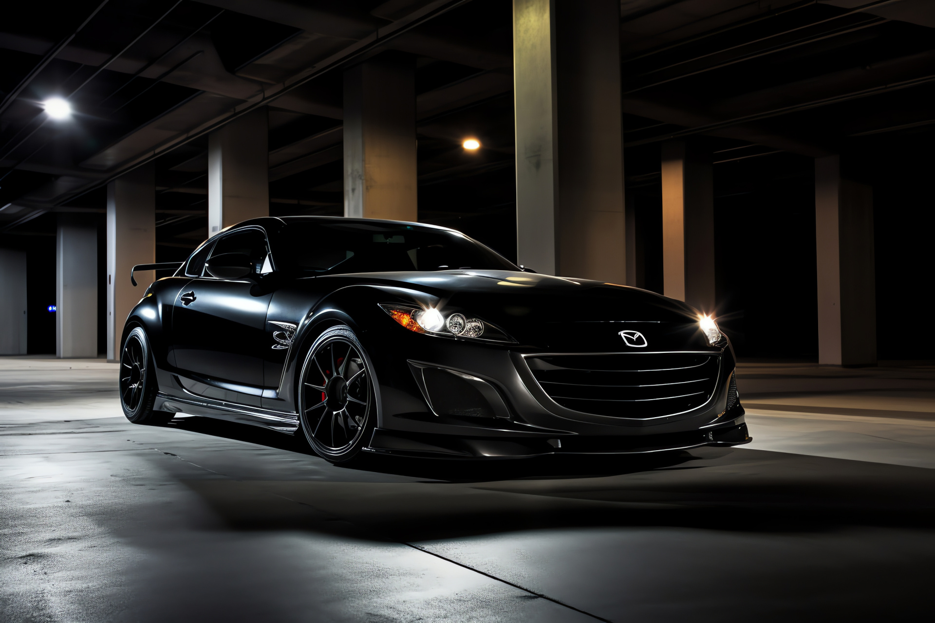 Mazda RX8, understated elegance, subterranean setting, sleek aerodynamics, bold grille design, HD Desktop Wallpaper