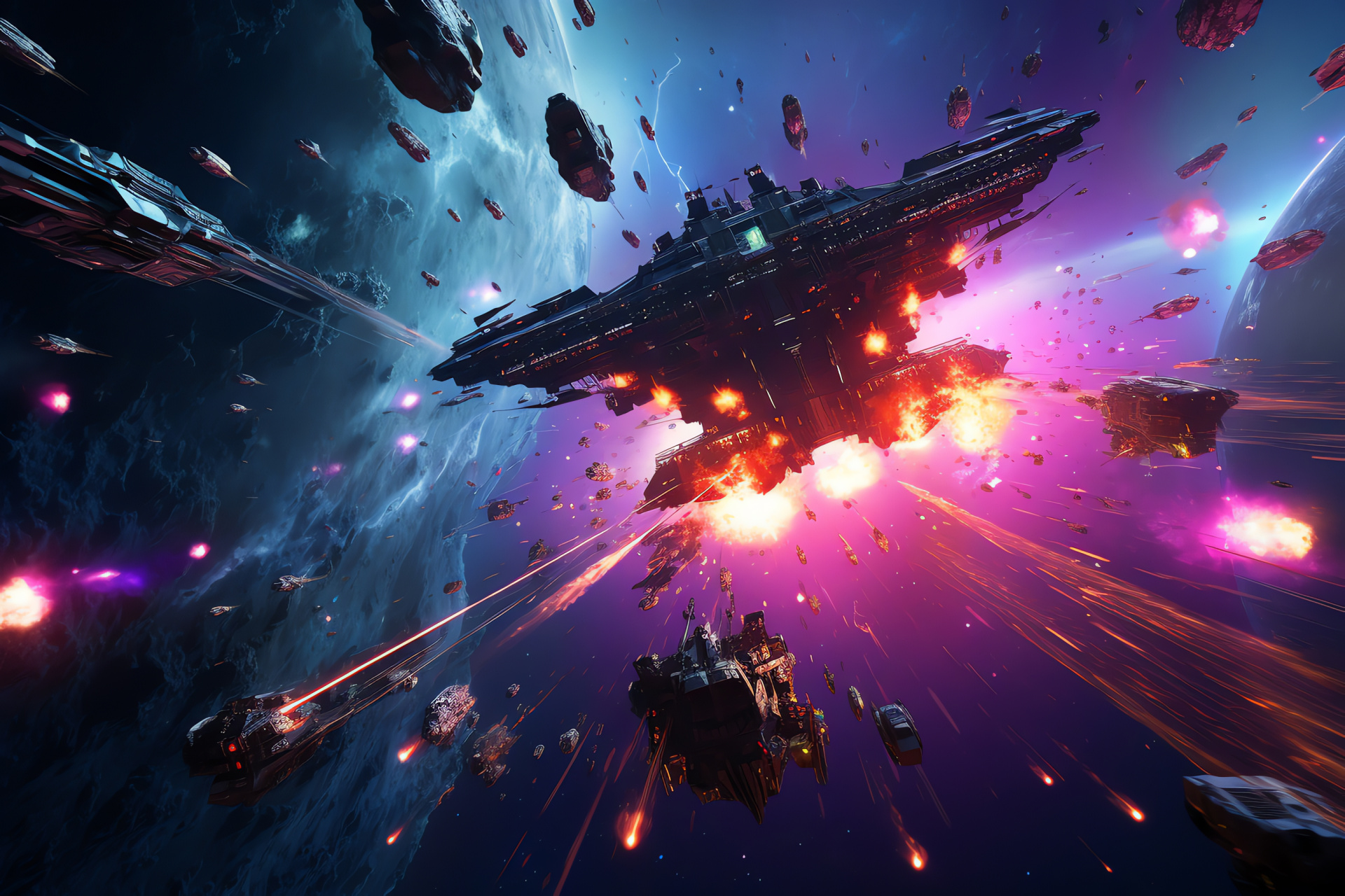 Aggressive star combat, richly hued conflict zone, radiant beam emission, incandescent dogfight, engagement focus, HD Desktop Wallpaper