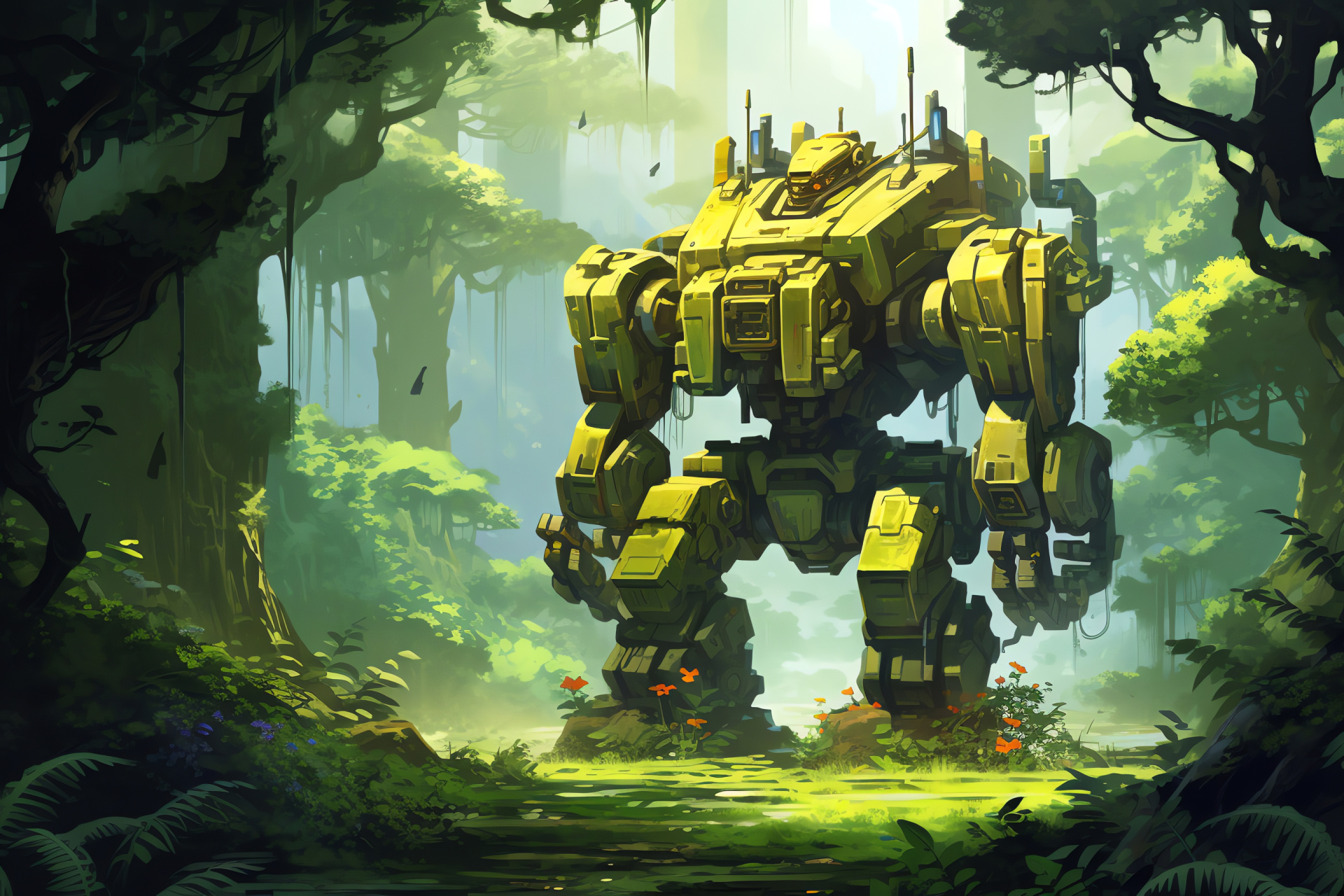 Bastion, Overwatch automaton, Transforming unit, Peaceful avian interaction, Nature scene, HD Desktop Wallpaper