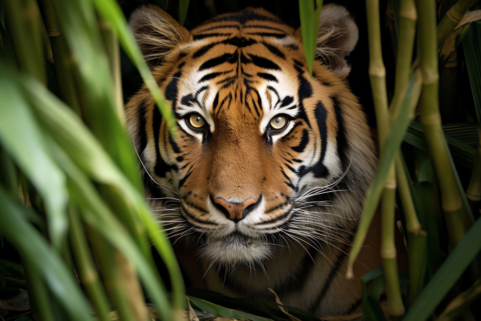 Golden Tabby Tiger, Dense bamboo habitat, Amber-eyed wildcat, Striped majestic tiger, Endangered species, HD Desktop Image