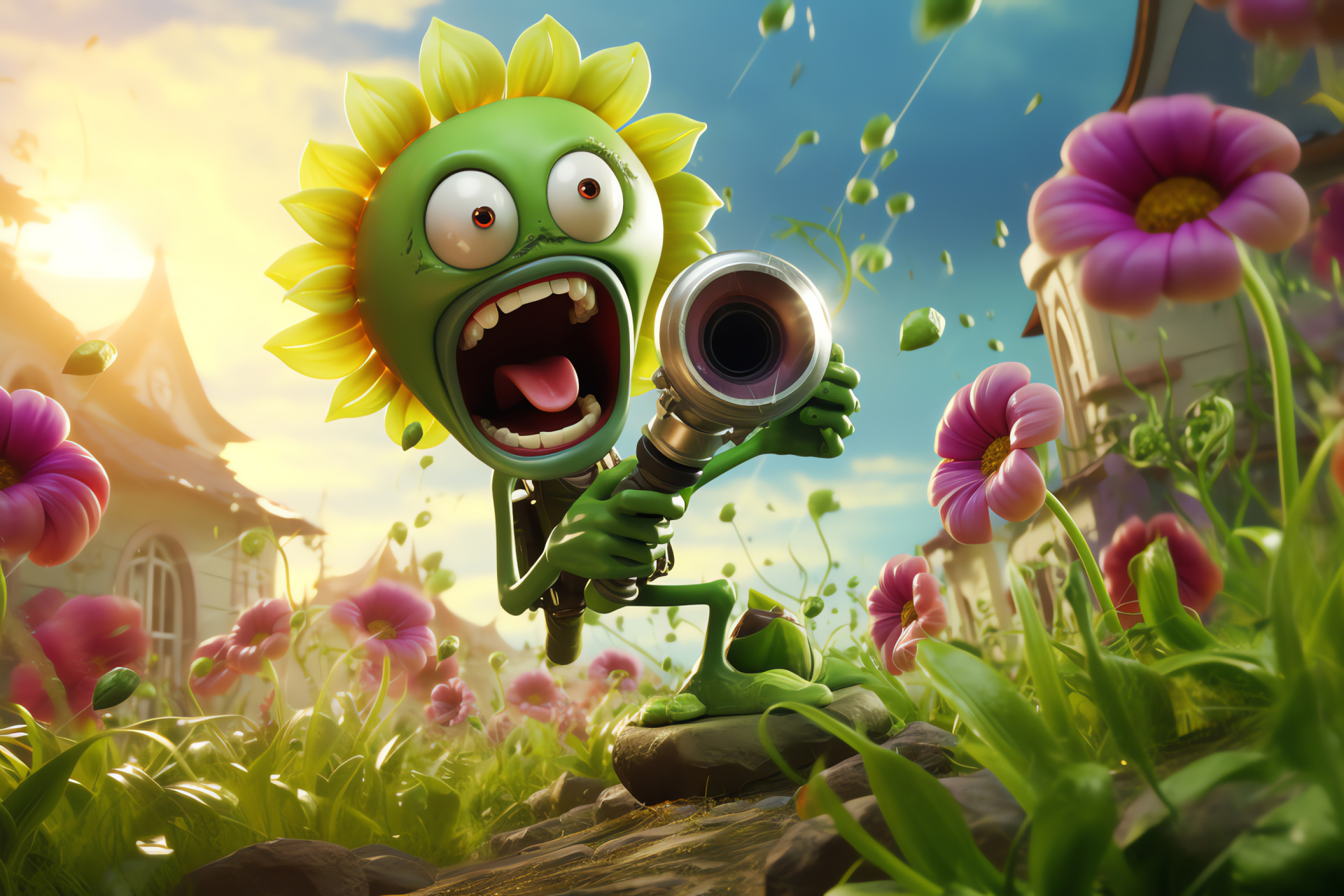 Peashooter Pvz warfare, Urban Zomburbia setting, Explosive attack pods, Undead adversaries, Battle-ready stance, HD Desktop Wallpaper