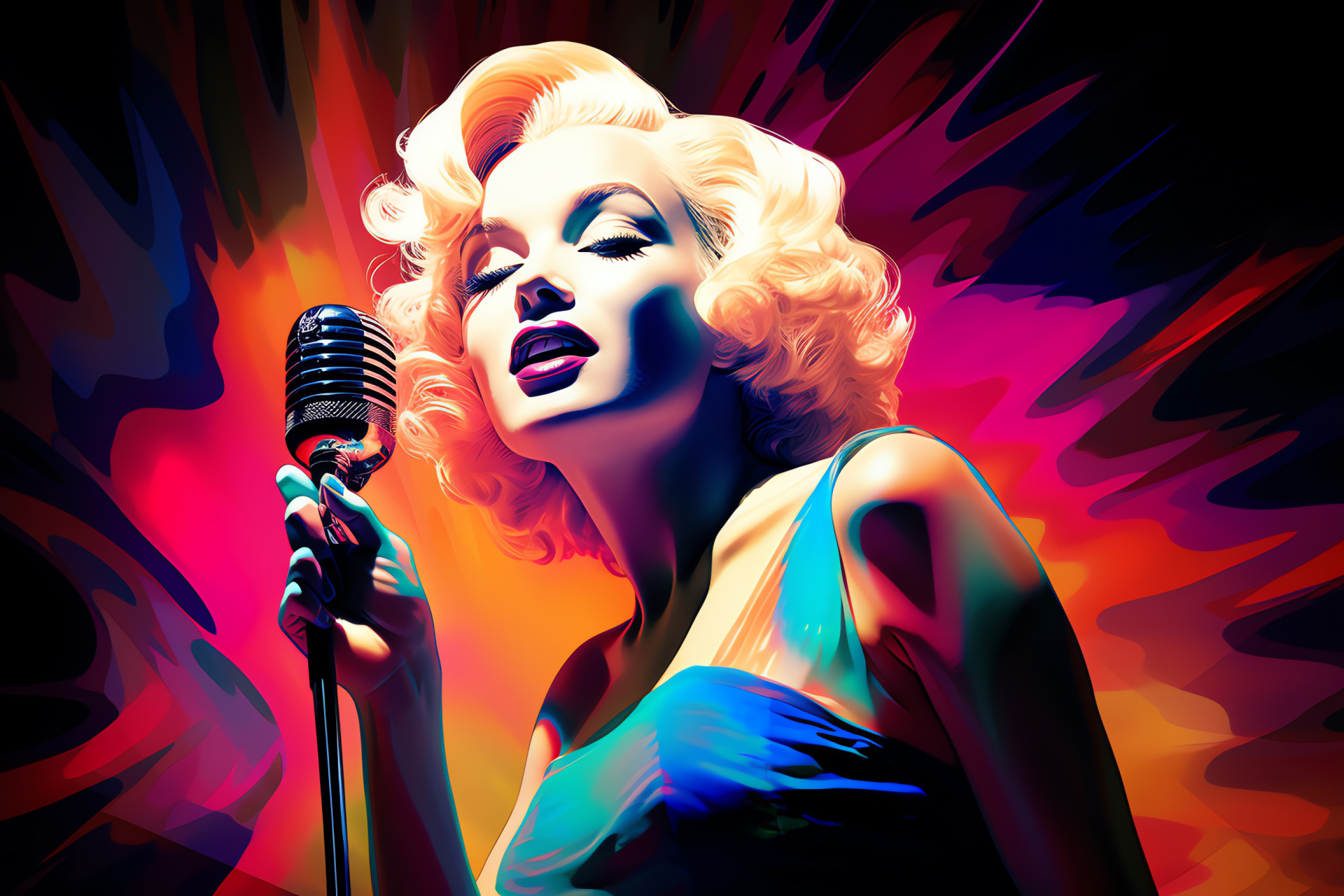 Modern take on Marilyn, Vintage Hollywood reimagined, Hazel eyes, Retro microphone, Empowering stance, HD Desktop Wallpaper