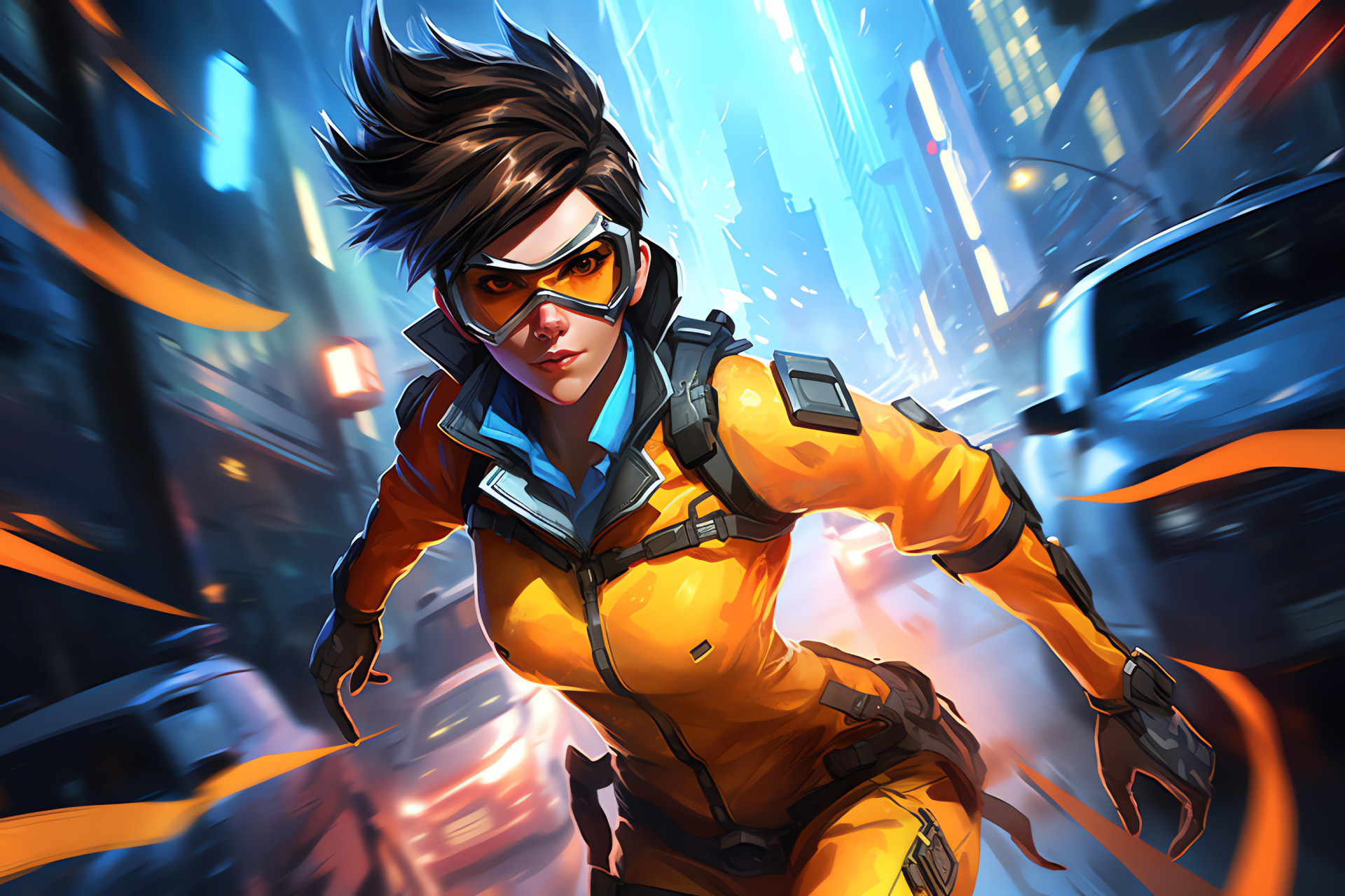 Tracer, Temporal agent, Cyber metropolis vibe, Luminescent urban, Overwatch agent, HD Desktop Wallpaper