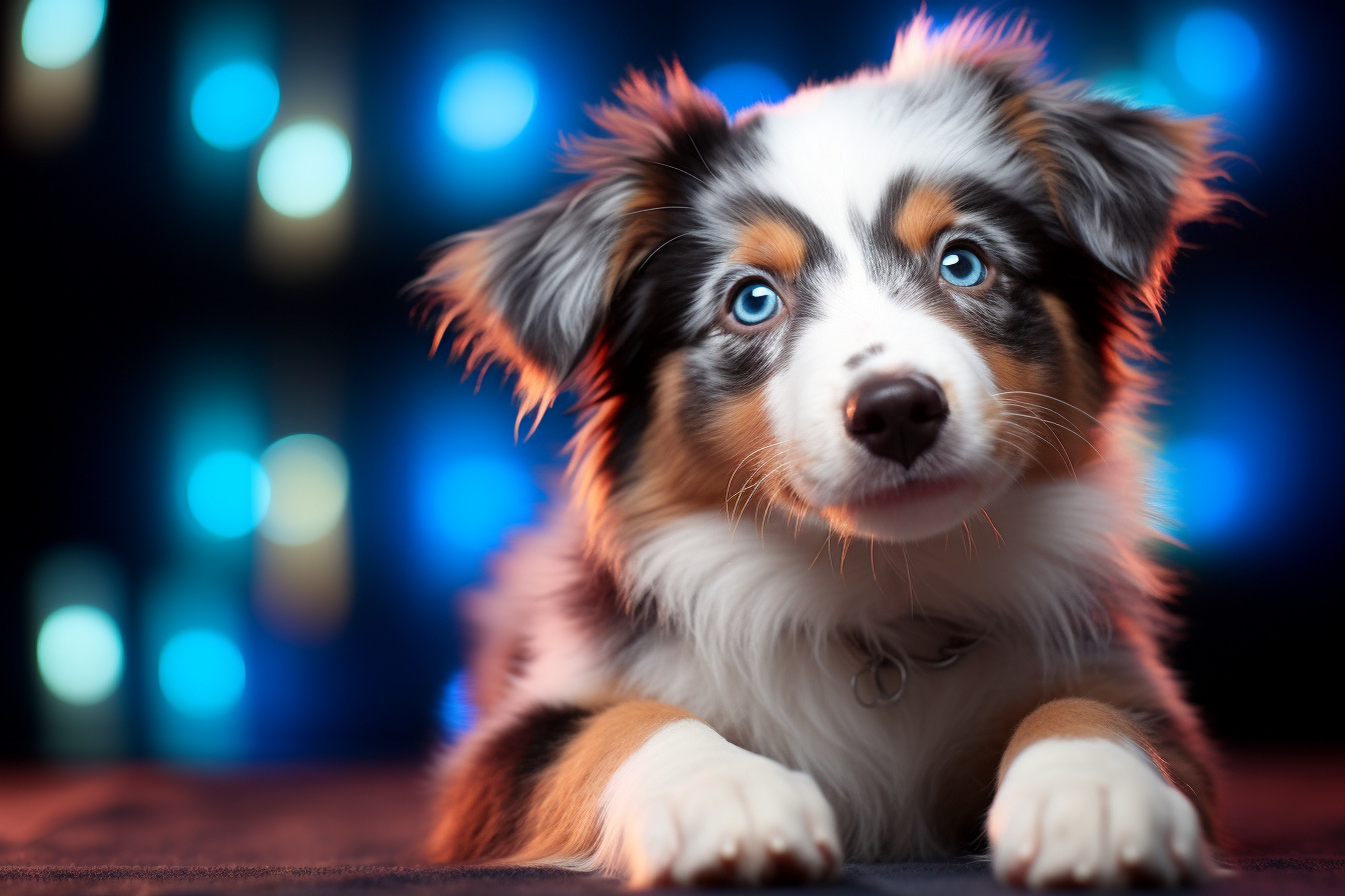 Australian Shepherd pup, canine vividness, glowing presence, pet liveliness, fur pattern, HD Desktop Wallpaper