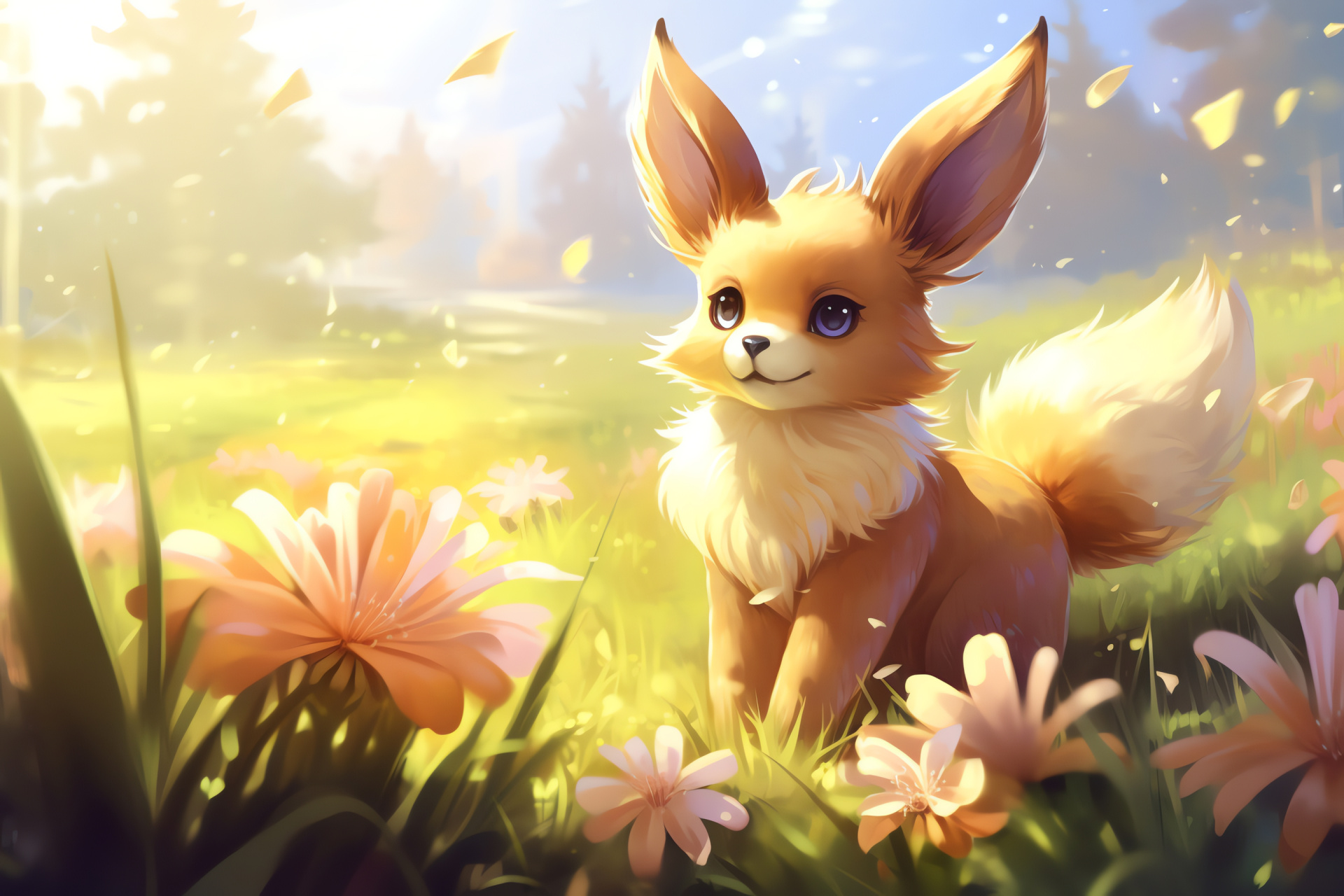 Eevee Pokmon, Wilderness habitat, Sunlit scenery, Natural beauty, Plush coat, HD Desktop Image