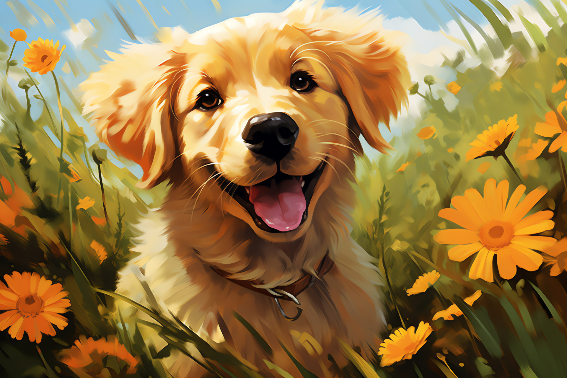 Golden Retriever puppy, playful animal, wildflower setting, golden fur, cheerful pet, HD Desktop Wallpaper