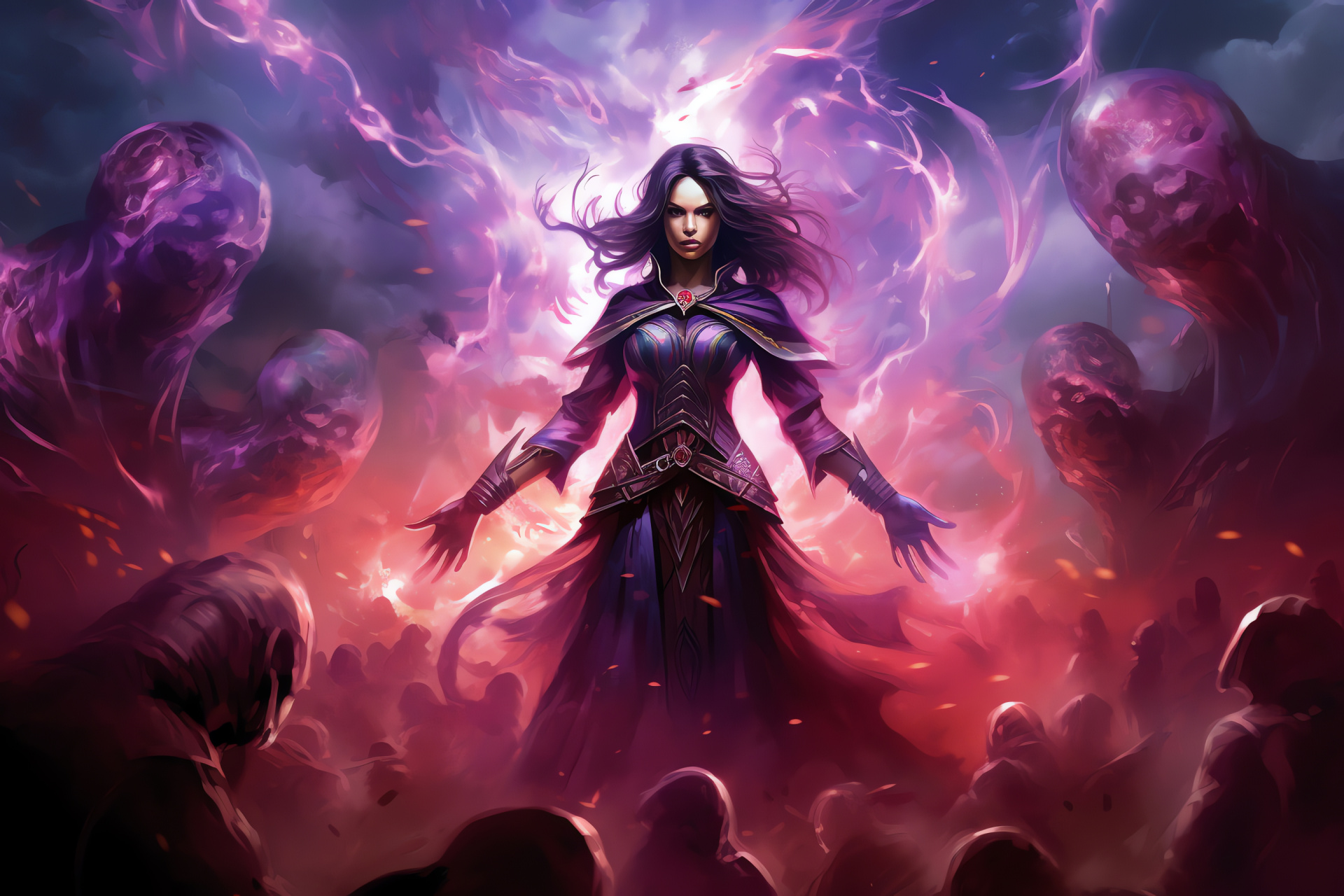 Liliana as Dreadhorde General, Pallid complexion, Violet eye hues, Pivotal battlefield moment, Magic gameplay scene, HD Desktop Image