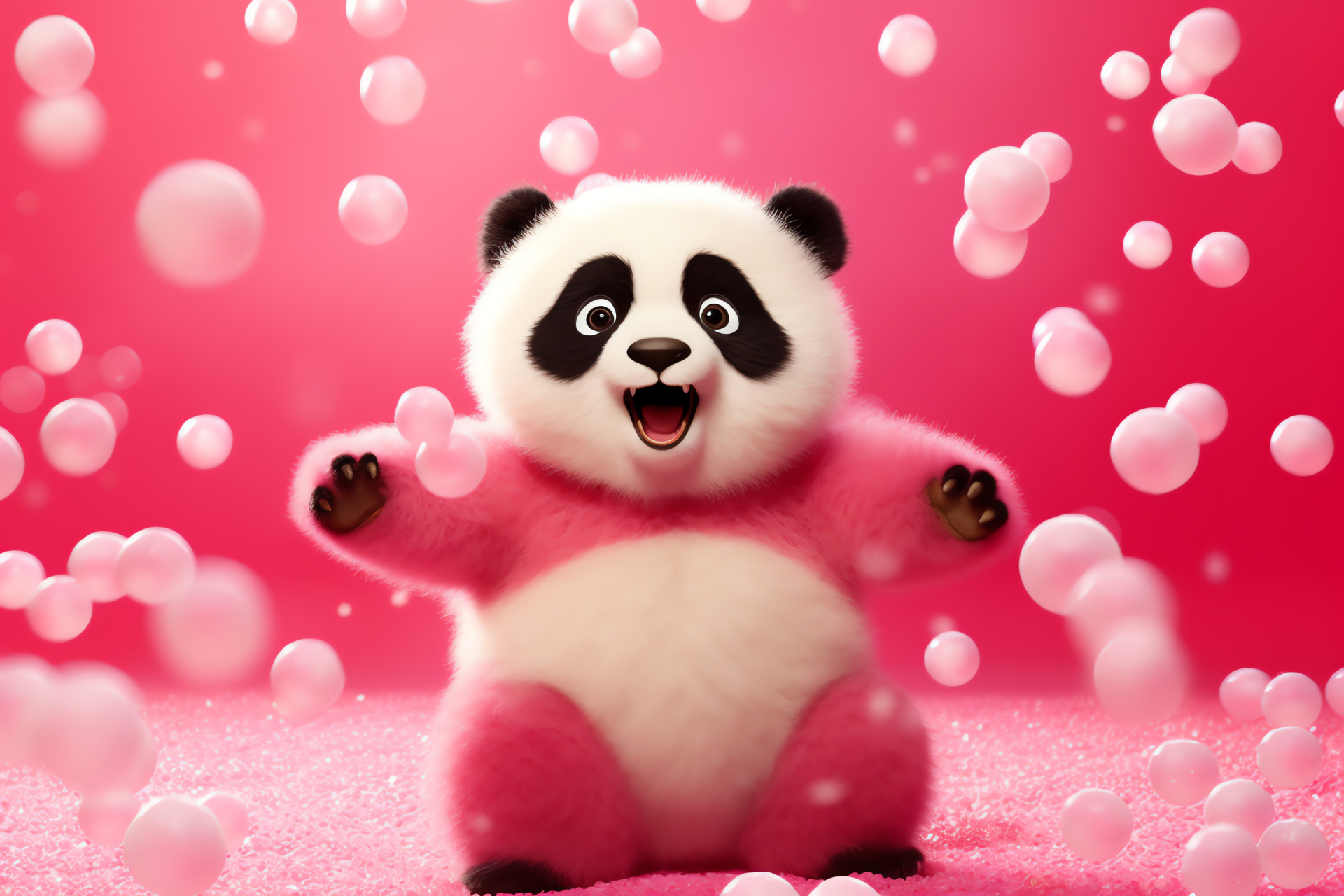 Panda portrayal, Plush texture, Crimson plane, Amiable features, Exuberant spirit, HD Desktop Image